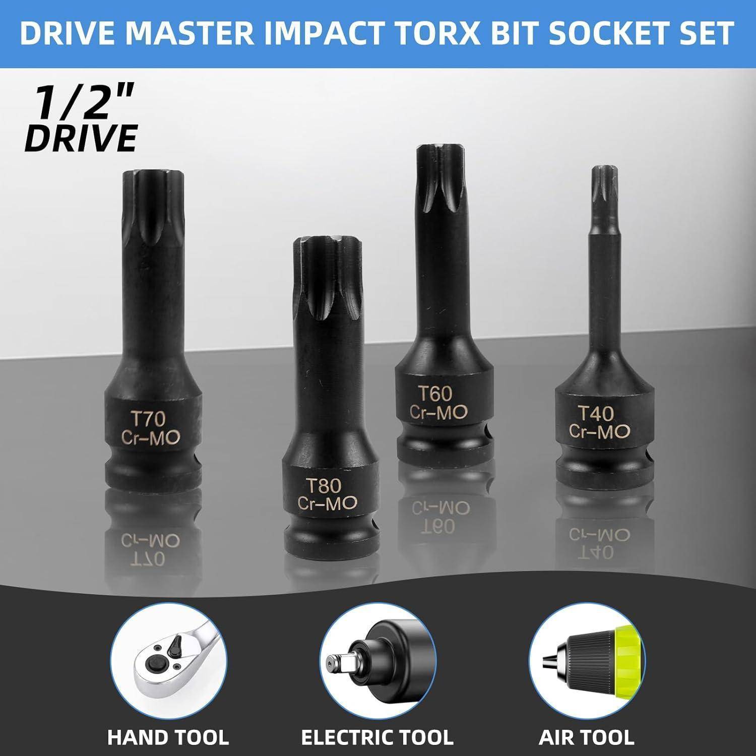 Drive Master Impact Torx-Bit-Stecknussatz, 1/2-Zoll-Antrieb, mit T70, T80, T60 und T40-Bits für Hand-, Elektro- und Druckluftgeräte.