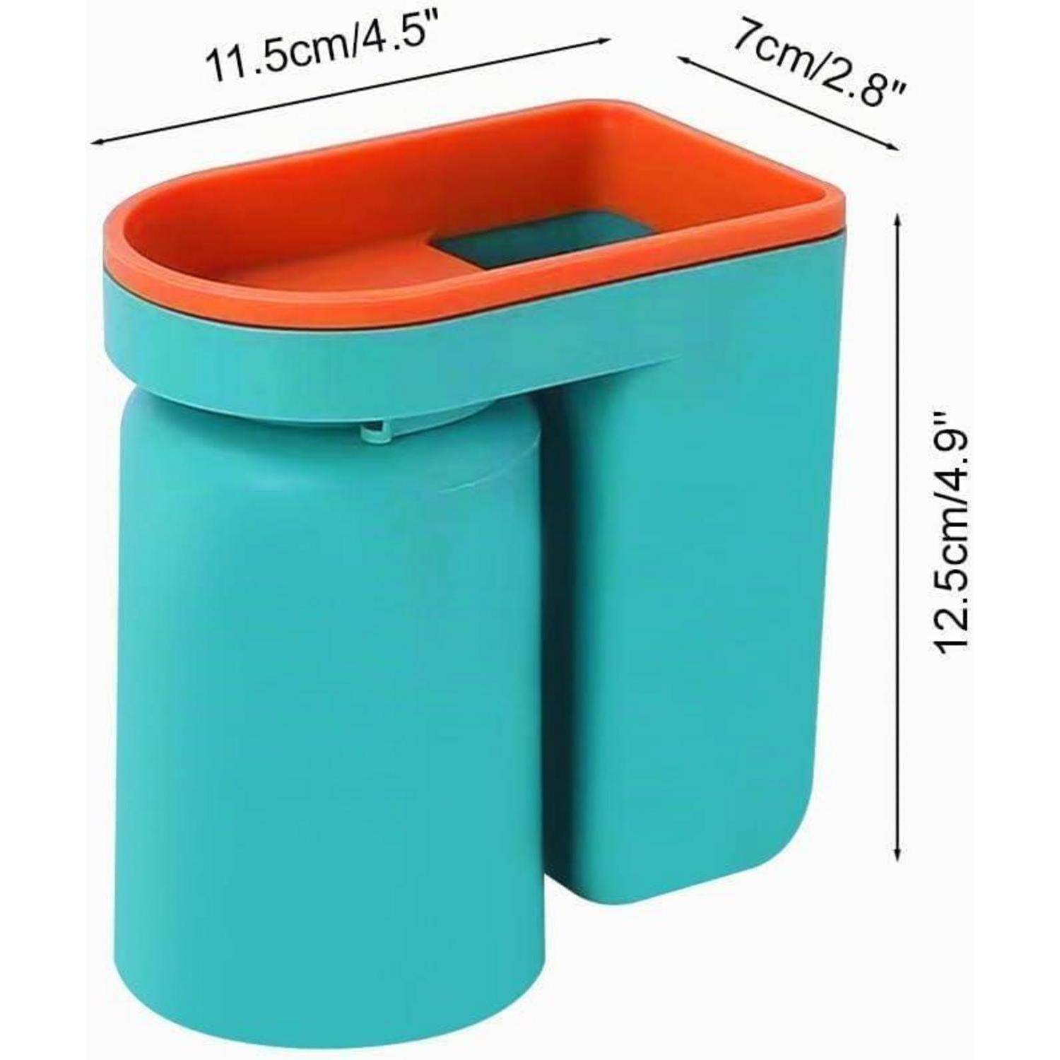 Türkis und orange Dual-Behälter-Tischplatz-Mülleimer mit beschrifteten Abmessungen von 11,5 cm, 7 cm und 12,5 cm.