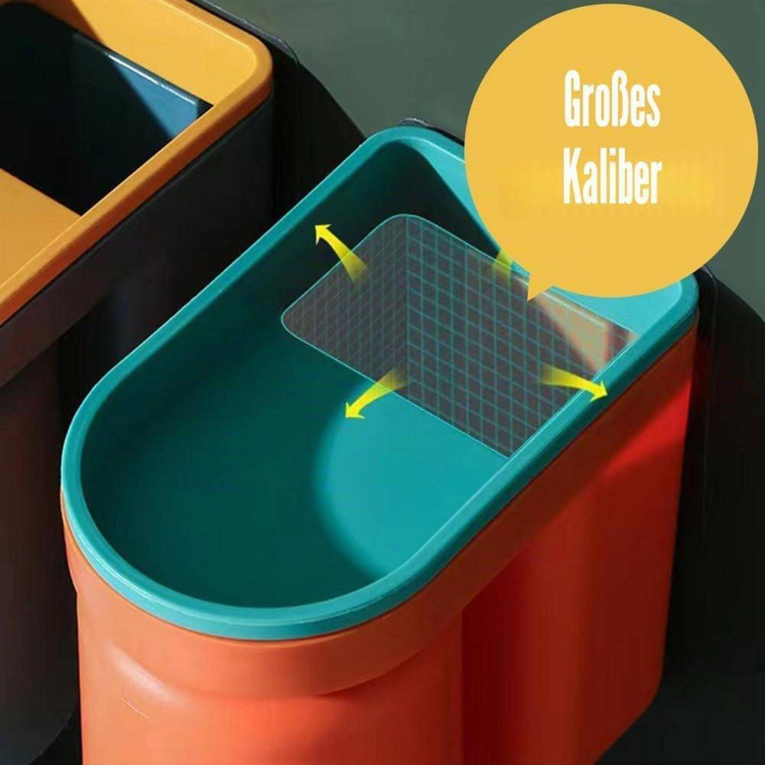 Nahaufnahme von farbigen zylindrischen Behältern mit einem hervorgehobenen Innenbereich mit der Bezeichnung „Grobes Kaliber