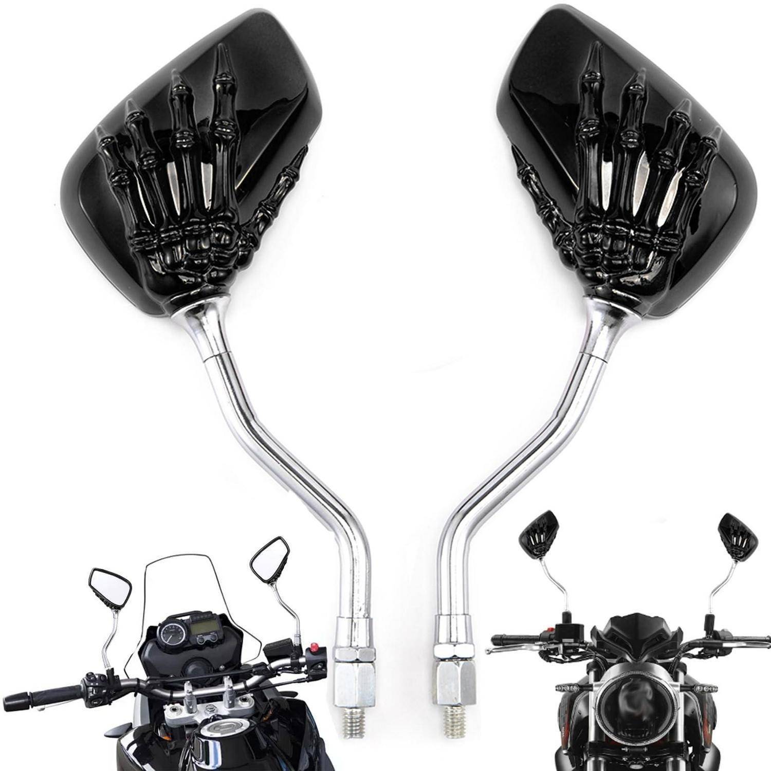 Paar Motorrad-Seitenspiegel mit glänzend schwarzen Skeletthand-Gehäusen und verchromten Stielen, gezeigt auf weißem Hintergrund.