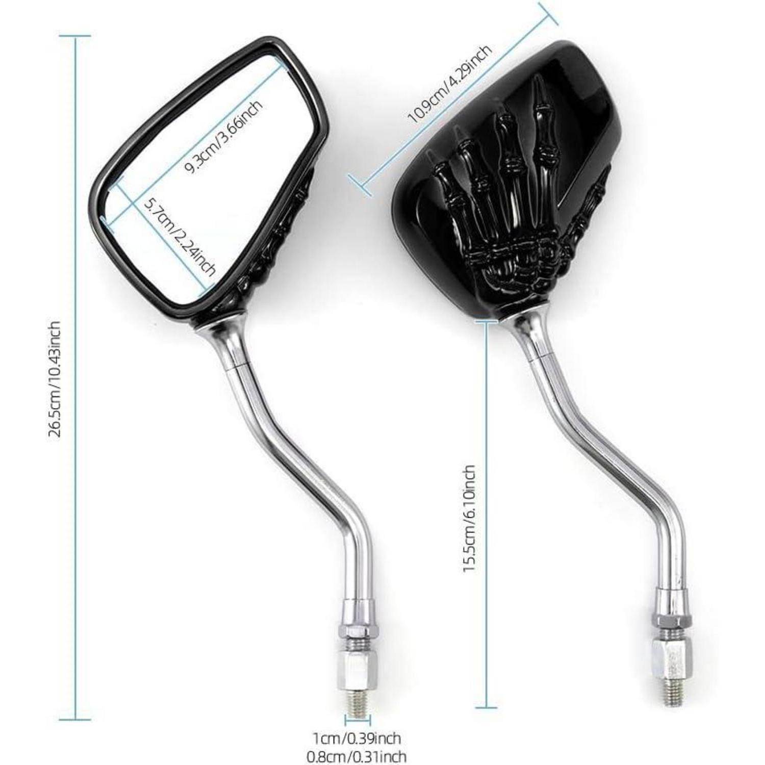 Produktbild eines verchromten Motorradspiegels mit Vorder- und Rückansicht, Totenkopfdesign und Abmessungen in Zentimetern und Zoll gekennzeichnet.