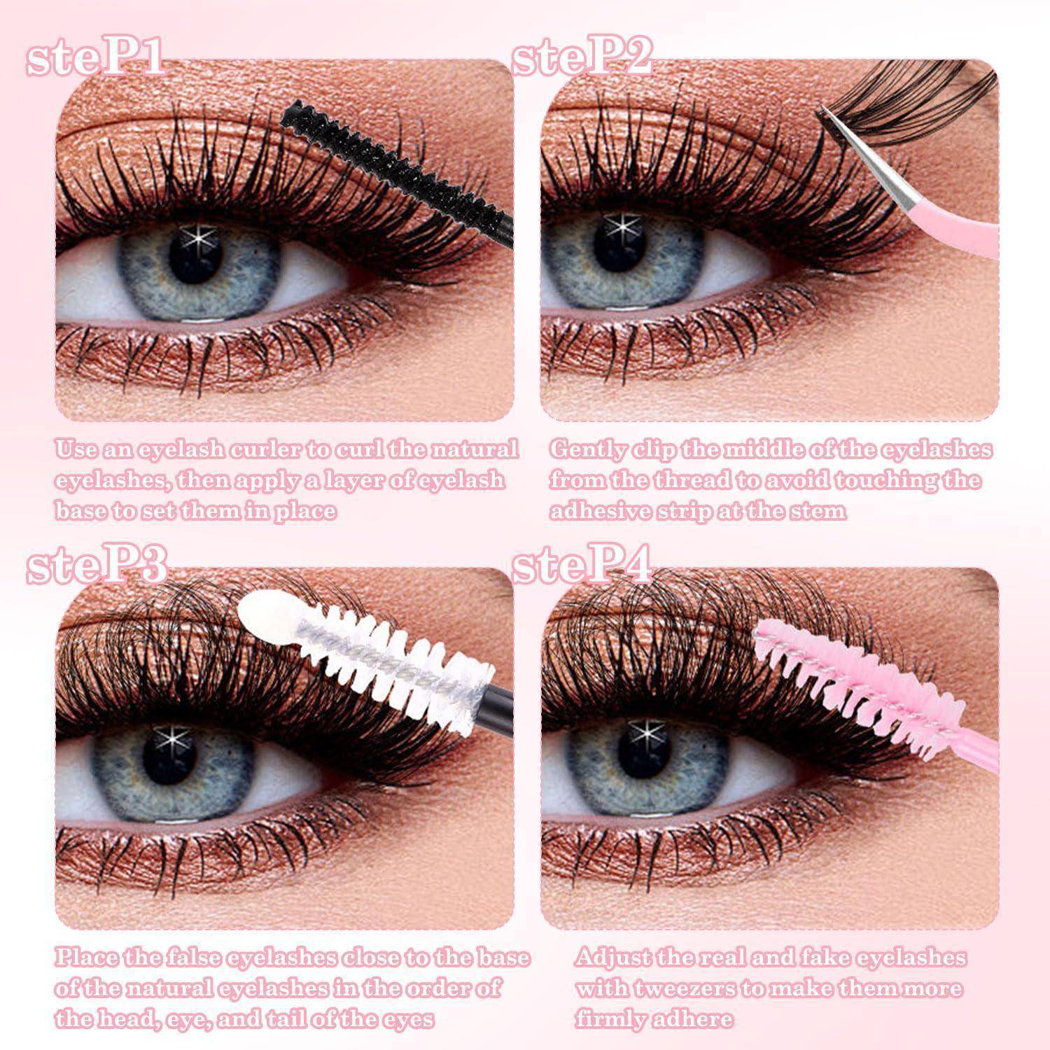 Vierpanel-Anleitung für Wimpernverlängerungen mit den Schritten 1-4: Wimpern kräuseln, künstliche Wimpern anclipsen, diese auf der Wimpernlinie positionieren und mit einer Pinzette anpassen.
