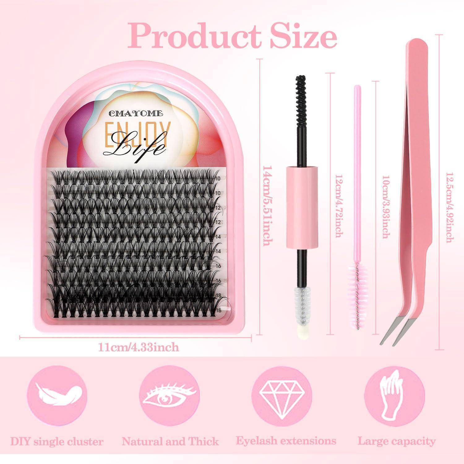Pink Wimpernverlängerungs-Set Produktgröße Infografik mit einem Wimpernblatt, Mascara-Bürste, Pinzette und vier Funktionssymbolen mit den Bezeichnungen DIY Einzelcluster, natürlich und voluminös, Wimpernverlängerungen und großes Fassungsvermögen.