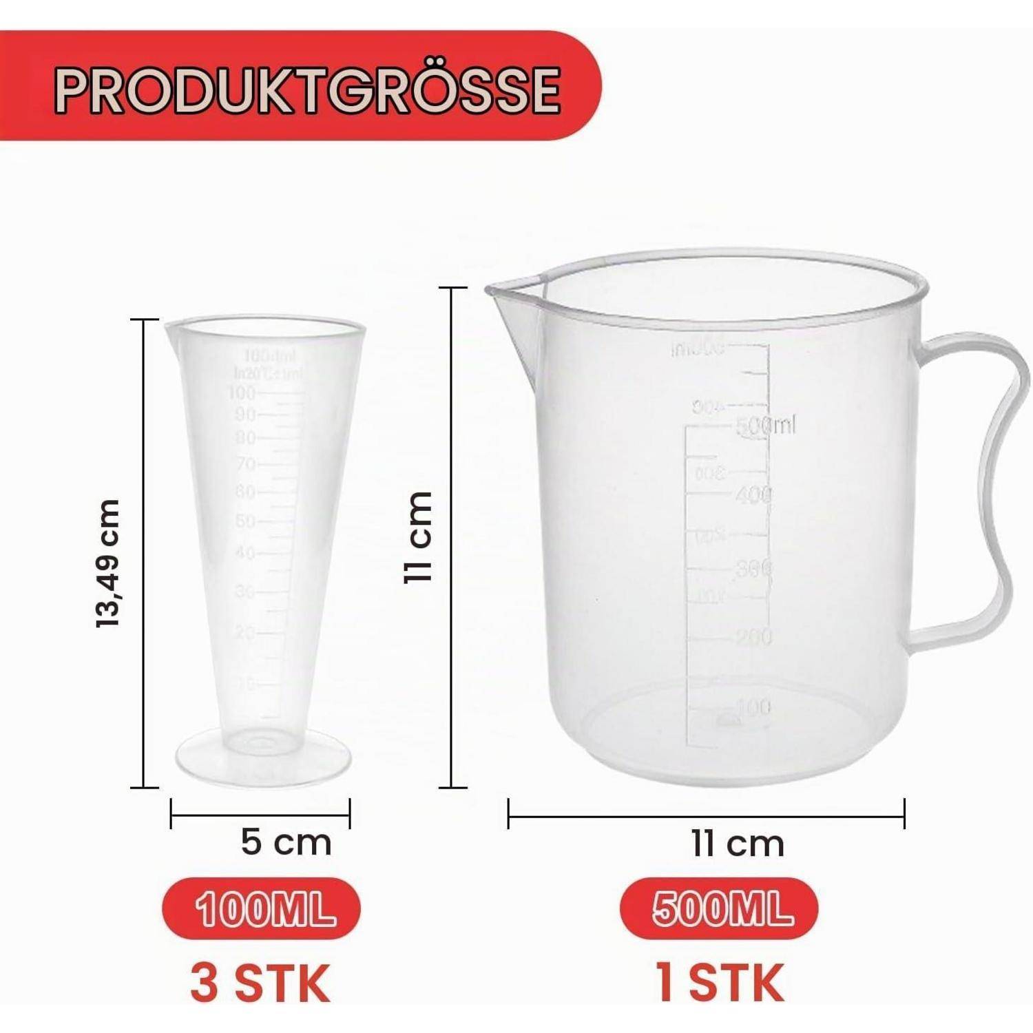 Produktgrößentabelle mit einem 100-ml-Messbechereset aus 3 Stück, 13,49 cm hoch und 5 cm breit, sowie einem 500-ml-Messbehälter aus 1 Stück, 11 cm hoch und 11 cm breit.