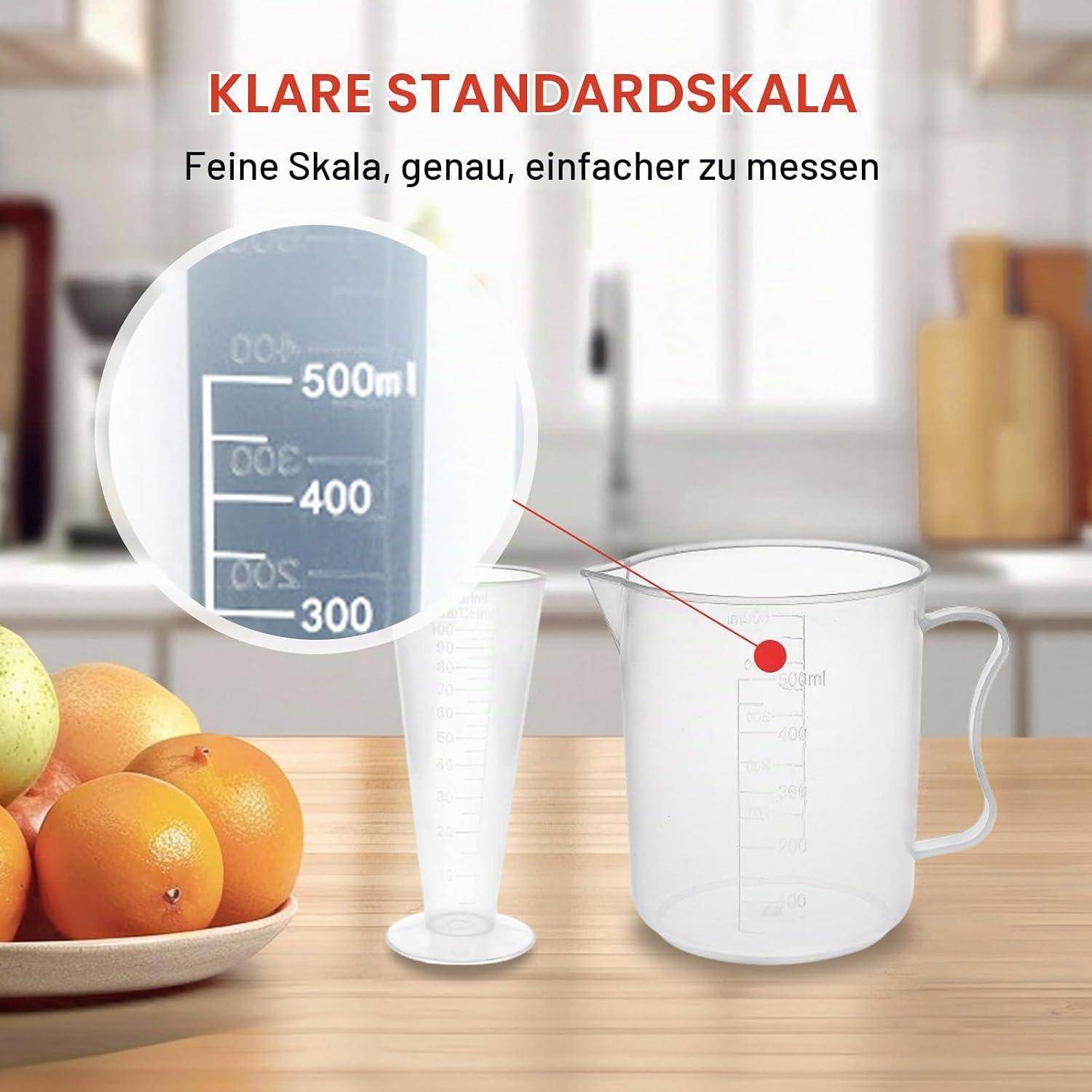 Messbehälter für die Küche mit klarer Skala; eingefügte Vergrößerung hebt Markierungen von 300 ml bis 500 ml hervor und zeigt deutschen Text „KLARE STANDARDSKALA
