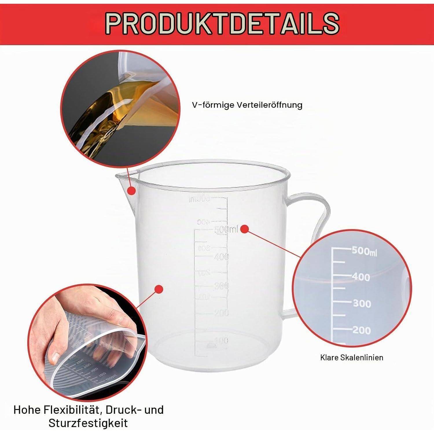 Kommentiertes Produktbild eines durchsichtigen Messbehälters mit Griff und Volumenmarkierungen, das eine V-förmige Ausgießöffnung, klare Skalierungslinien und flexibles, schlagzähes Material hervorhebt.