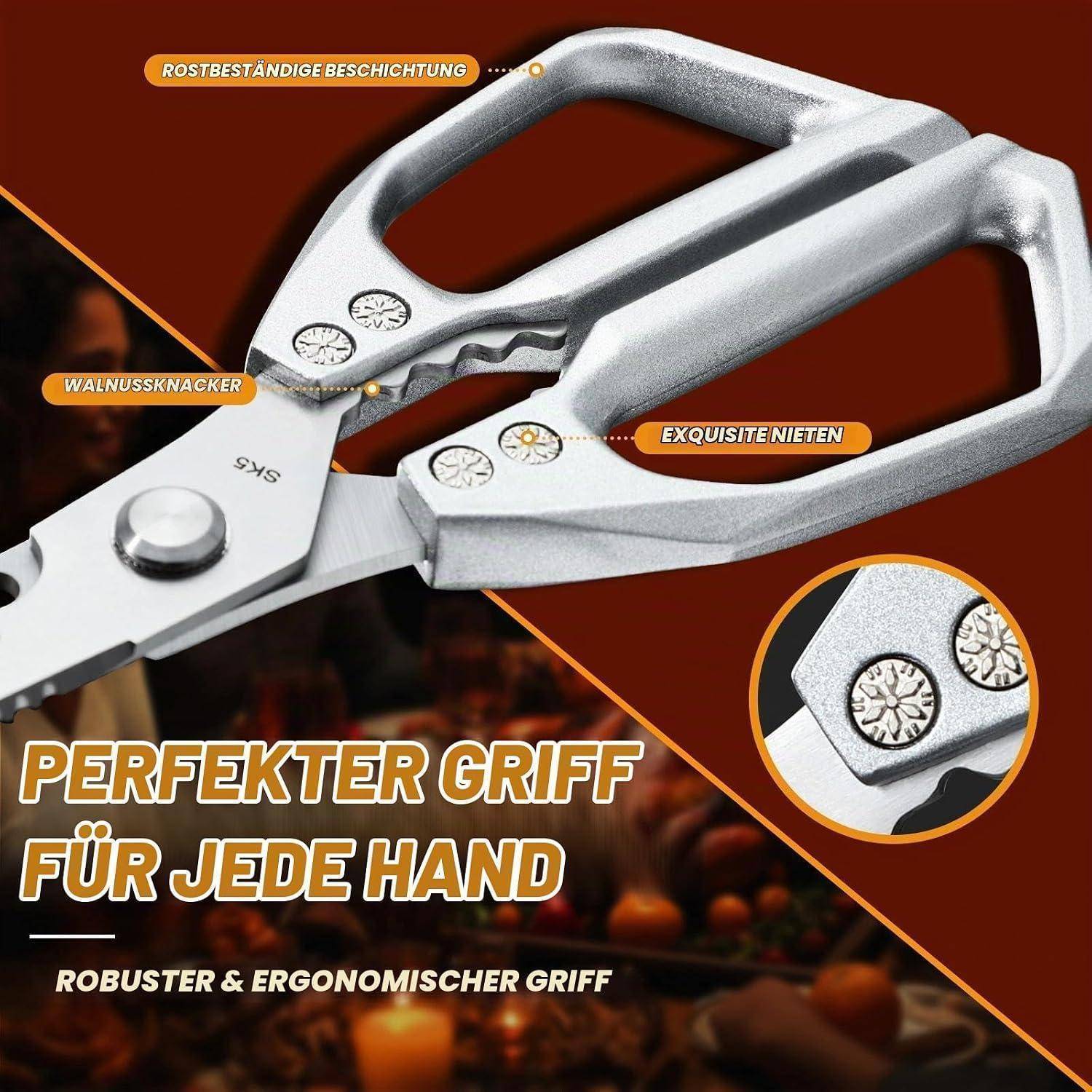 Nahaufnahmeanzeige für silberne Scheren mit ergonomischem Griff, zeigt rostbeständige Beschichtung, Nussknacker-Funktion und exquisite Nieten; deutscher Text lautet „Perfekter Griff für jede Hand" und „Robuster & ergonomischer Griff"".