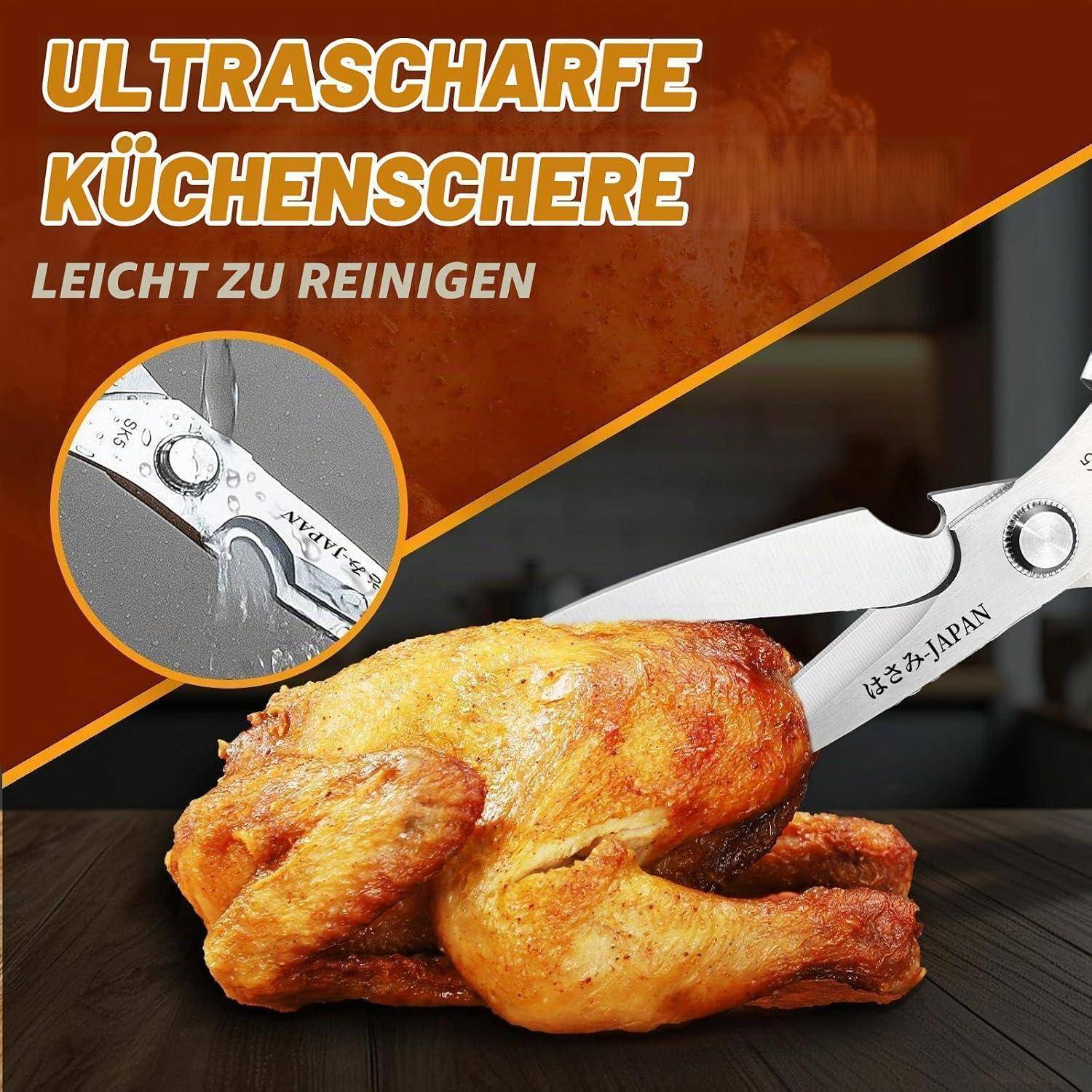 Werbebild von ultra-scharfen Küchenscheren, die gekochtes Hähnchen schneiden, mit dem Text „ULTRASCHARFE KÜCHENSCHERE" und „LEICHT ZU REINIGEN"".