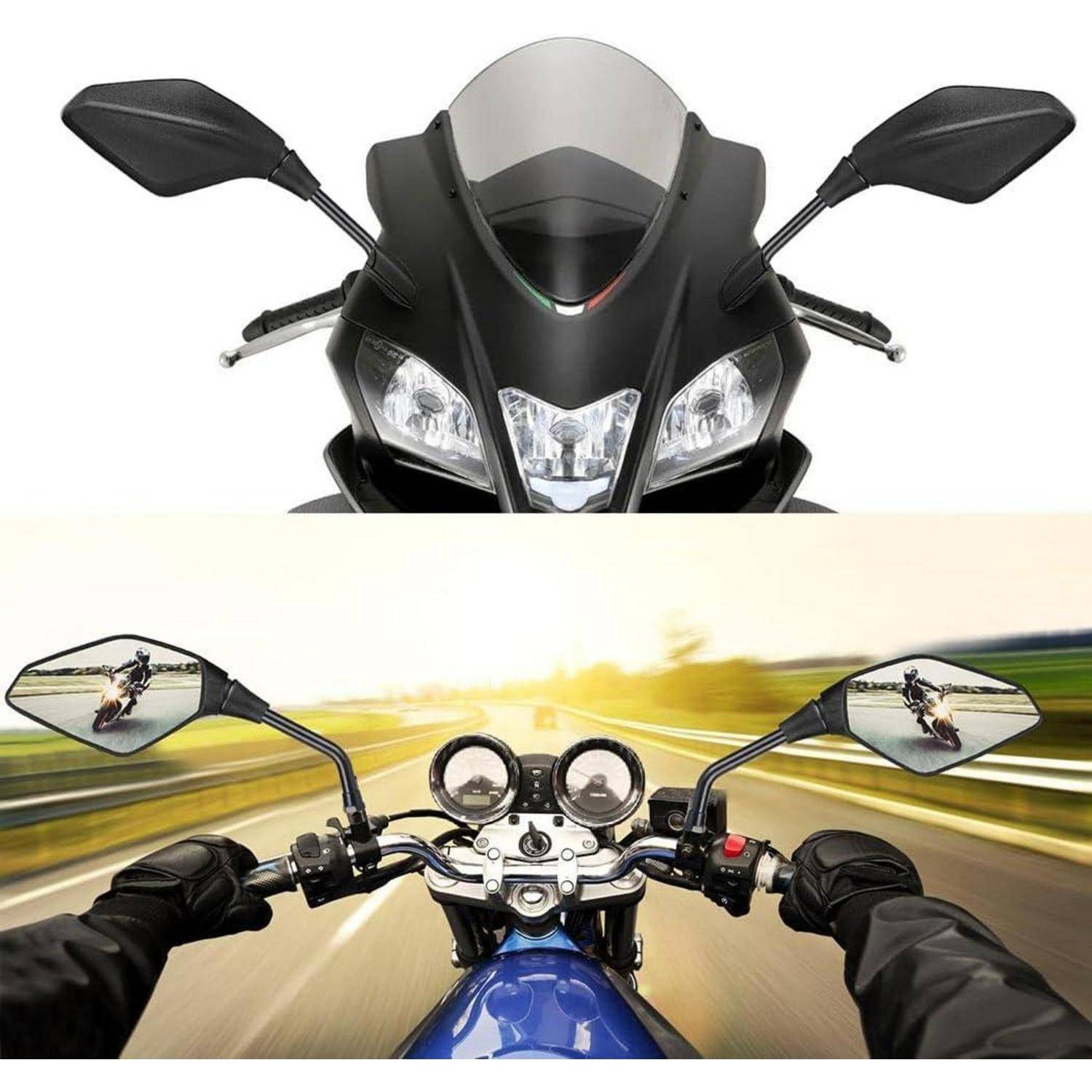 Frontansicht und Perspektive des Fahrers auf einem Sportmotorrad, das Spiegel, Scheinwerfer, Lenker und eine unscharfe Straße davor zeigt, die Geschwindigkeit andeutet.