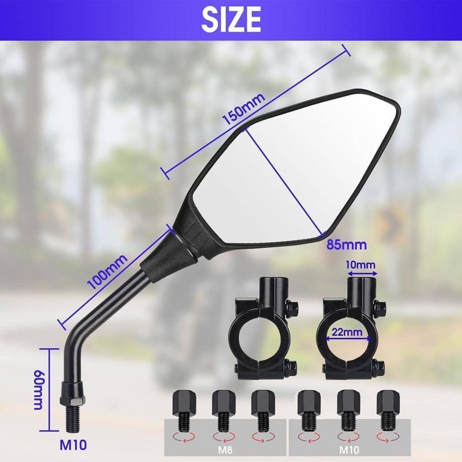 Motorradspiegelgrößen-Diagramm zeigt einen schwarzen Spiegel mit Abmessungen 150 mm x 85 mm, 100 mm Schaft, 60 mm Befestigung, M10-Gewinde, plus Spanngrößen für M8 und M10, 22 mm und 10 mm.