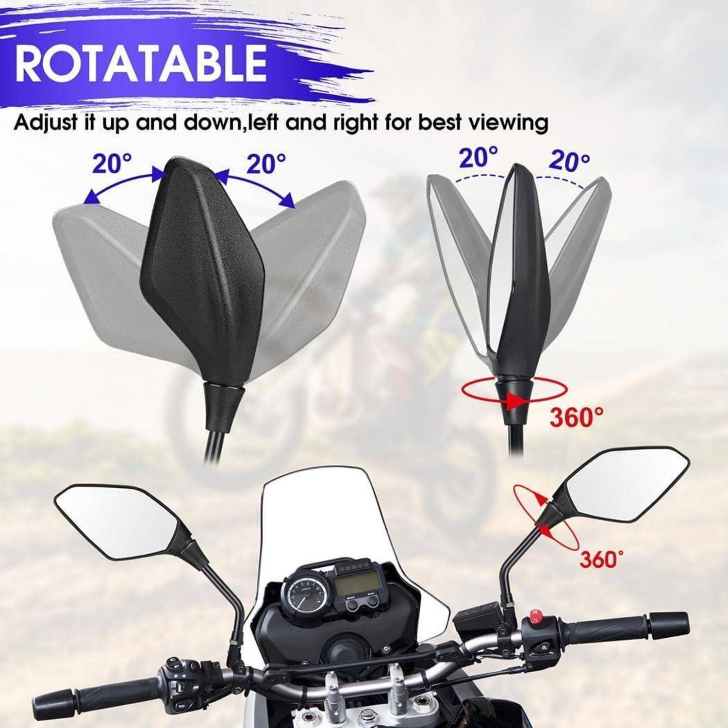 Werbegrafik zeigt einen drehbaren Motorradprügel, der 20° nach oben/unten und 360° rundherum verstellbar ist, mit einem auf dem Motorrad montierten Beispiel.