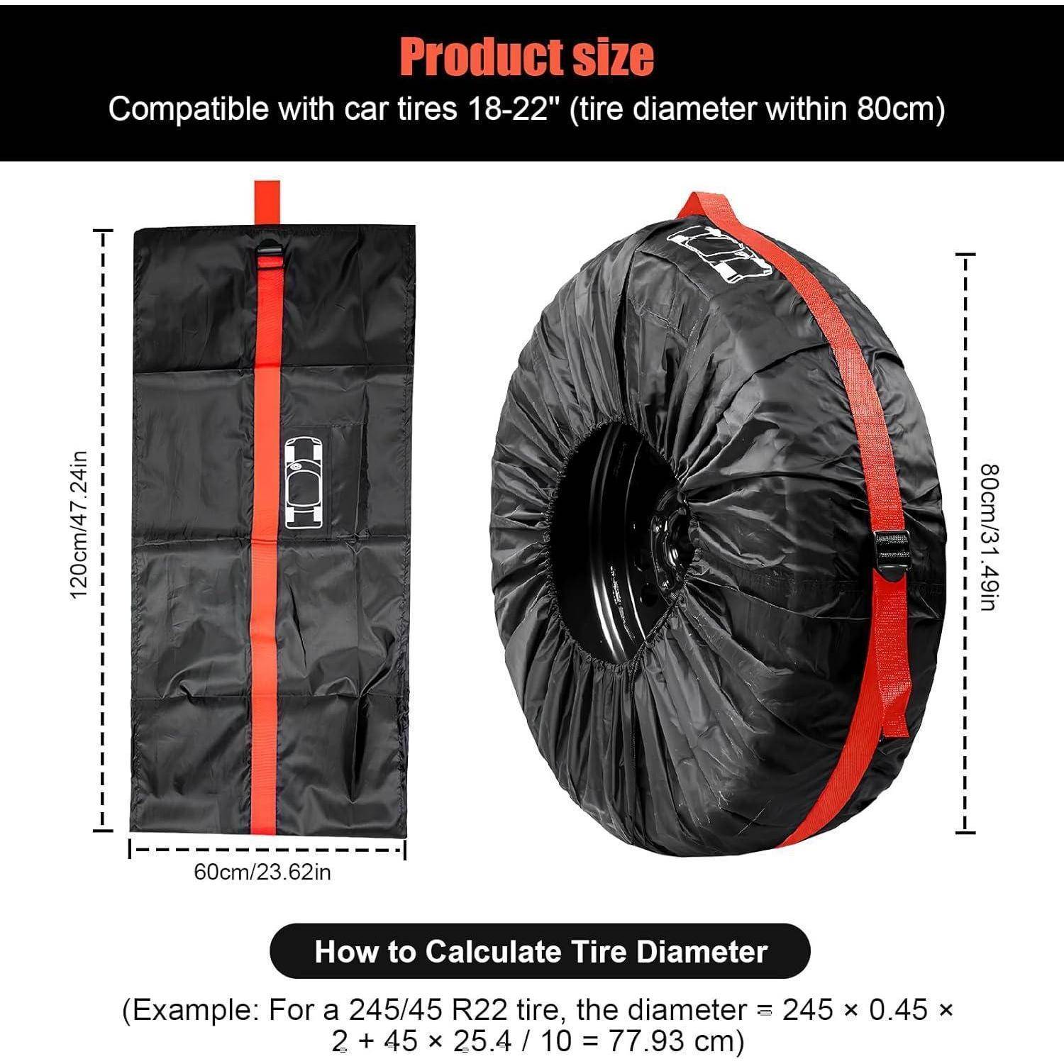 Produktgrößendiagramm für eine Reifentasche: passt für Autoreifen 18-22 Zoll, bis 80 cm Durchmesser; zeigt Taschendimensionen 120 x 60 cm und eine Beispielformelberechnung für Reifendurchmesser.