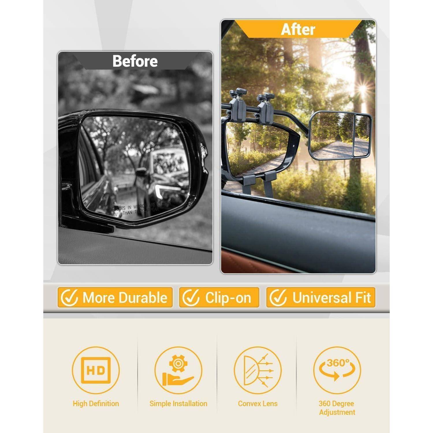 Vergleich eines Autospiegels vor und nach dem Anbringen eines aufsteckbaren Konvexspiegels, der eine bessere Sichtbarkeit hervorhebt; Beschriftungen sagen „Langlebiger