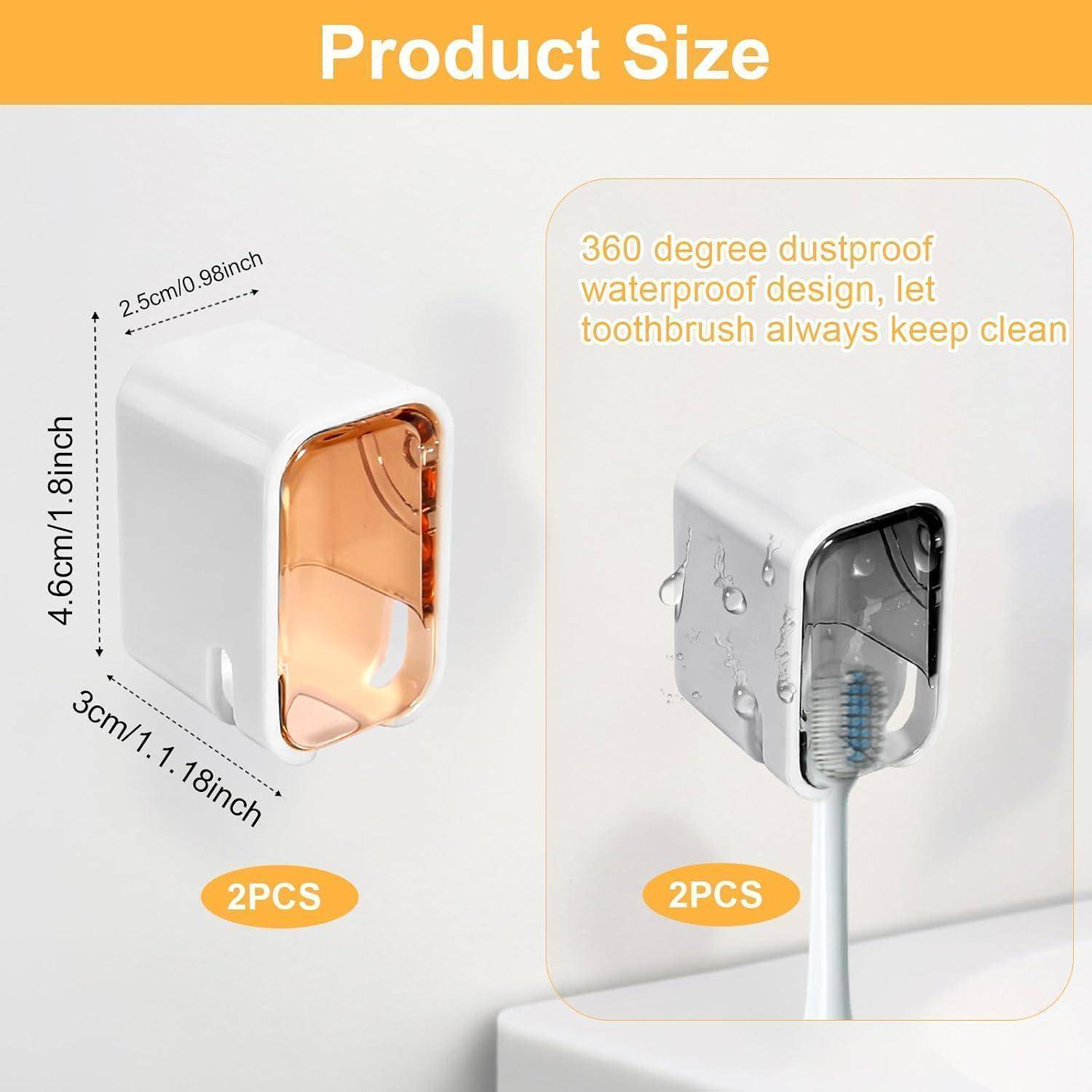 Größentabelle für Zahnbürstenbox: 4 cm hoch, 3 cm breit, 2,5 cm tief, in Weiß- und Graudesign erhältlich mit der Bezeichnung 2er-Set mit 360-Grad-Staub- und Wasserschutz.