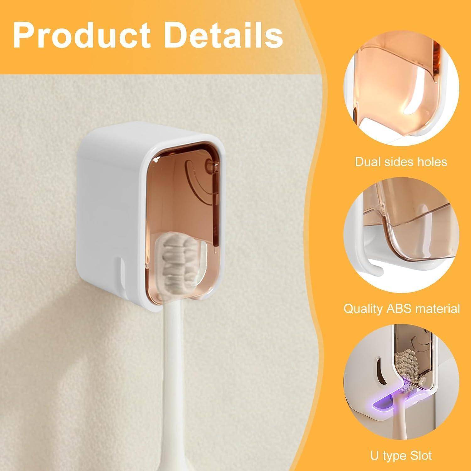 Produktdetails-Grafik mit einem an der Wand montierten weißen Zahnbürstenhalter mit roségoldenem Innenraum, doppelten Seitenlöchern, ABS-Material und U-förmigem Schlitz.
