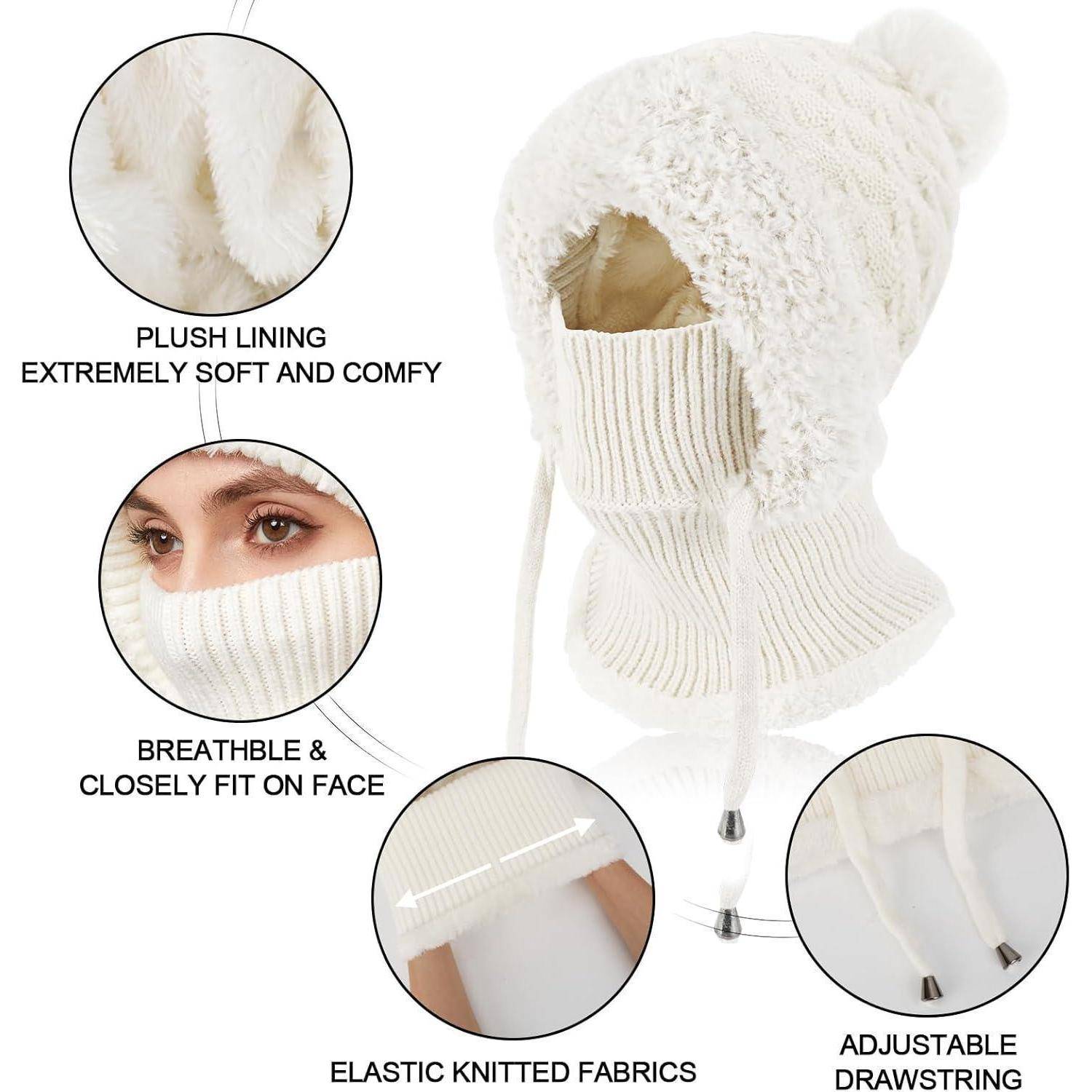 Weiße gestrickte Wintermütze mit Sturmhaube aus Fleece-Futter, Gesichtsöffnung, verstellbaren Kordelzügen und Beschriftungen, die atmungsaktiven, dehnbaren Stoff und perfekte Passform hervorheben.