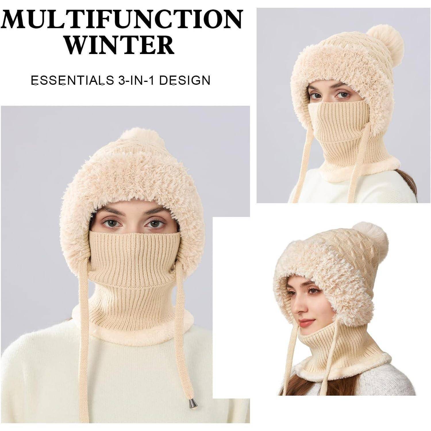 Produktcollage mit einer 'Multifunction Winter'-Strickmütze 3-in-1 mit Ohrenschützern und passendem Gesichtsschutz, modelliert von einer Frau.