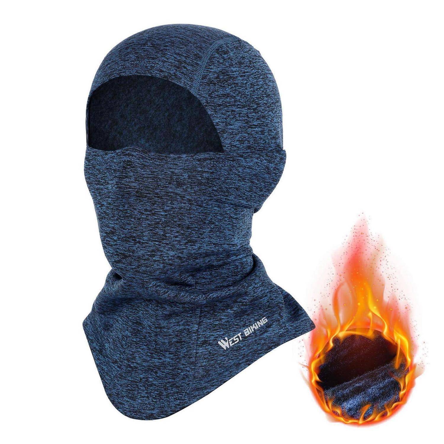Blauem flammenhemmender Sturmhaube mit Gesichtsöffnung, gezeigt mit einem brennenden Materialsymbol, um den Brandschutz anzuzeigen.
