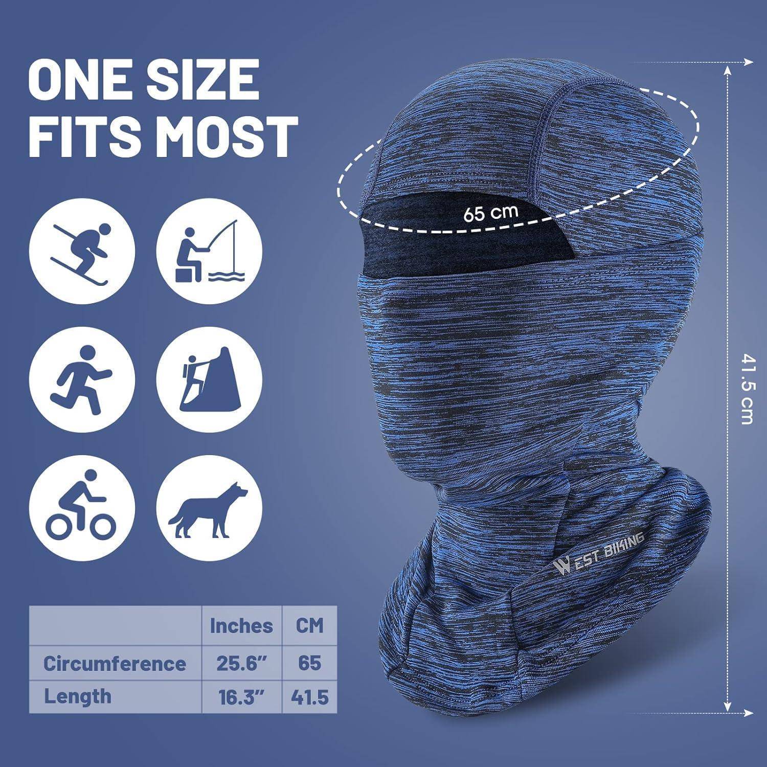Blaues Halstuch-Maske, dargestellt als "Einheitsgröße passt für die meisten"" mit Umfang 65 cm und Länge 41,5 cm, plus Aktivitätssymbole und Größentabelle.