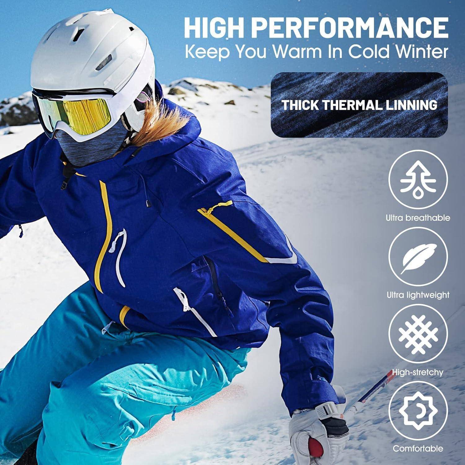 Skifahrer in blauer Winterjacke und Helm auf verschneitem Hang mit Anzeigentext "HOCHLEISTUNG"" und Symbolen für Wärmefütterung, Atmungsaktivität, Leichtgewicht, Dehnbarkeit und Komfort.