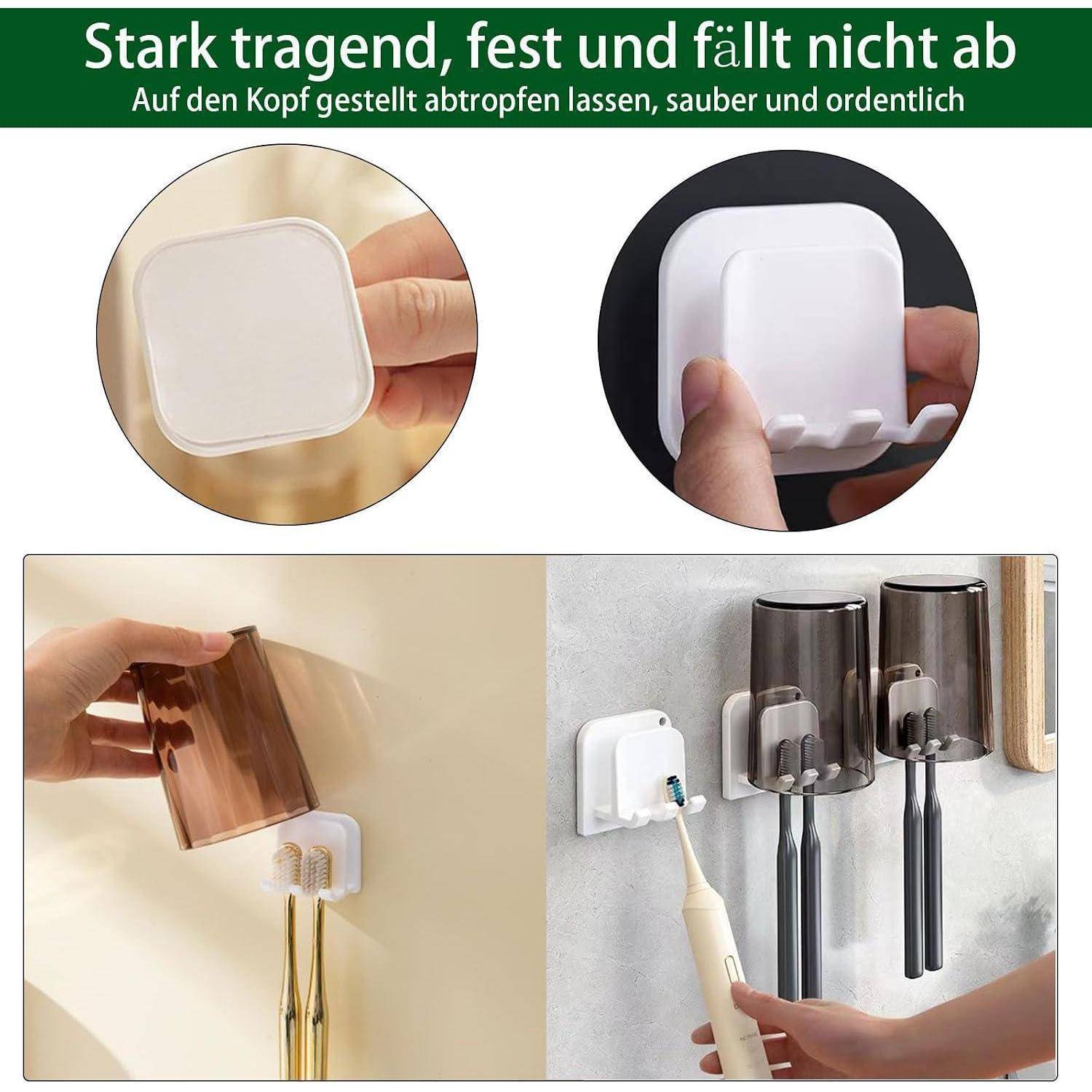 Adhesiver Wandhaken mit Zahnbürsten und Tassen, der eine starke, bohrerlose Montage an einer Badezimmerwand demonstriert.