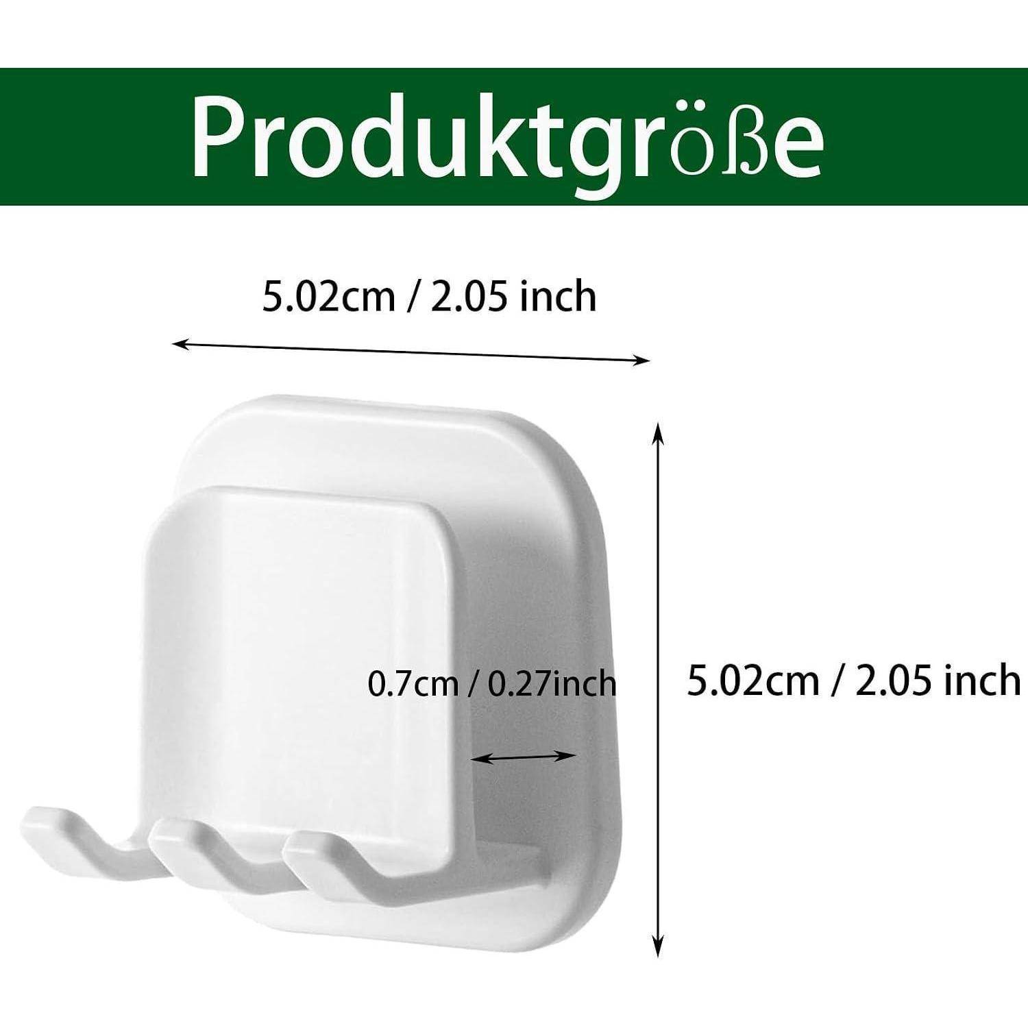 Produktgrößendiagramm eines wandmontierten Hakens: 5,02 cm x 5,02 cm Gesamtgröße, mit 0,7 cm Tiefe, beschriftet in cm und Zoll.