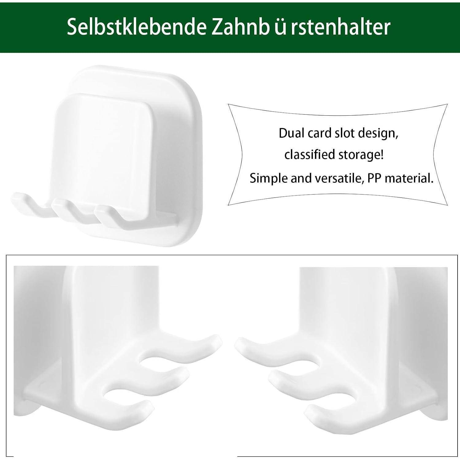 Haftender Zahnbürstenhalter mit dualem Kartenschlitz-Design für organisierte Aufbewahrung, gezeigt in Weiß mit Wandmontagehaken und Produktansichten.