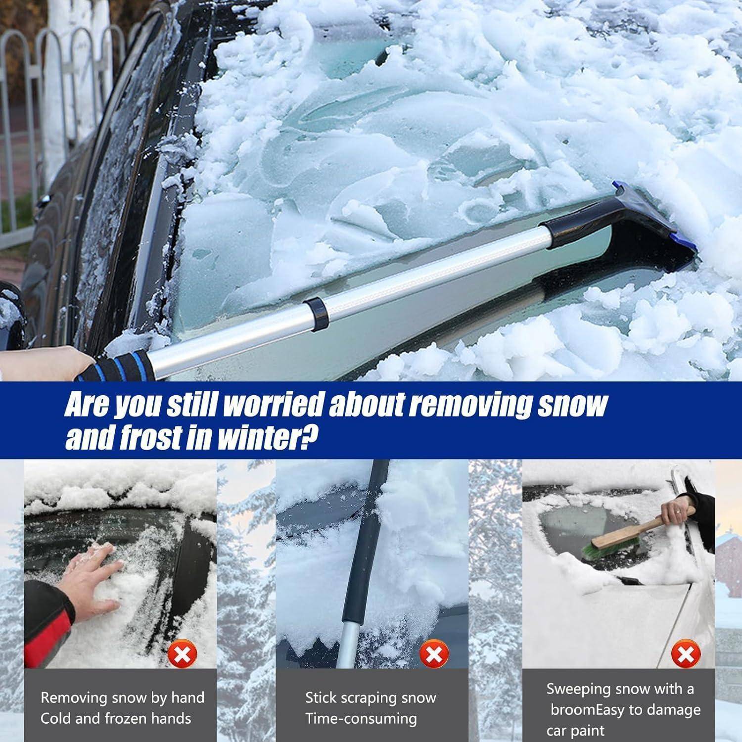 Werbebild, das eine Autoscheibe zeigt, die mit einem Schaumgummi-Abzieher von Schnee befreit wird, mit Text, der fragt „Machen Sie sich im Winter noch Sorgen um das Entfernen von Schnee und Eis?