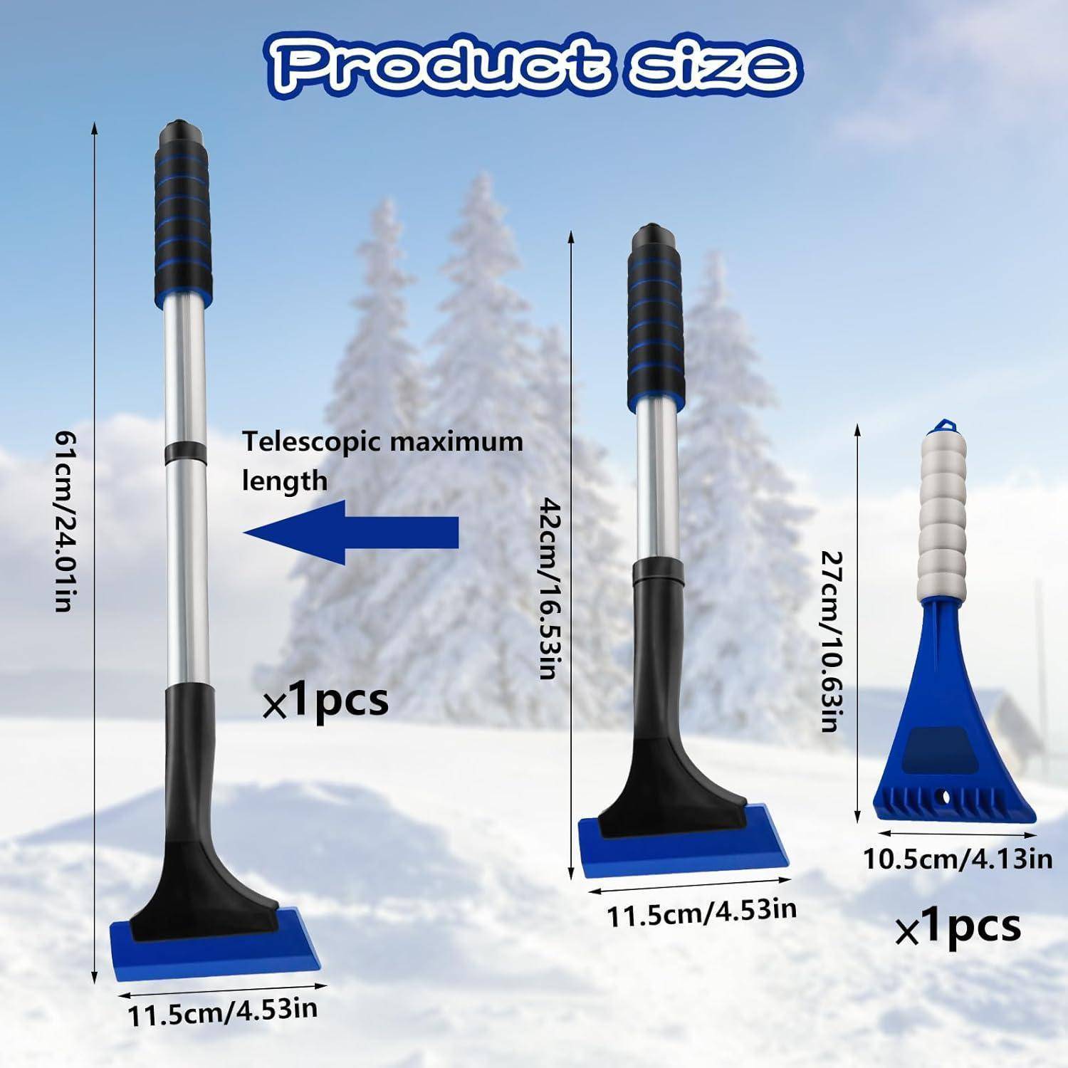 Produktgrößendiagramm mit zwei ausziehbaren Schneebürsten/Eiskratzern und einem separaten Eiskratzer, mit den Abmessungen 61 cm, 42 cm, 27 cm und 11,5 cm Breite.