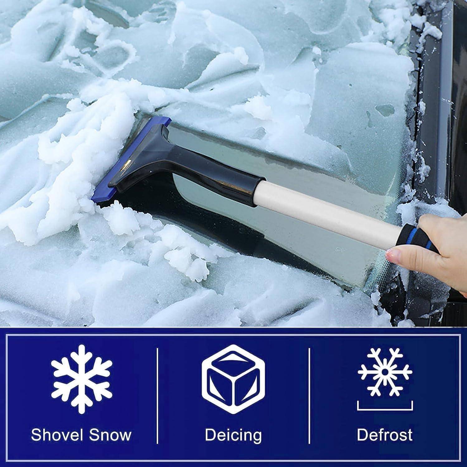 Hand mit einem Kratzer zum Entfernen von Schnee und Eis von einer Autoscheibe; unteres Feld zeigt Schneeflocken-Symbole mit den Beschriftungen „Schnee schaufeln