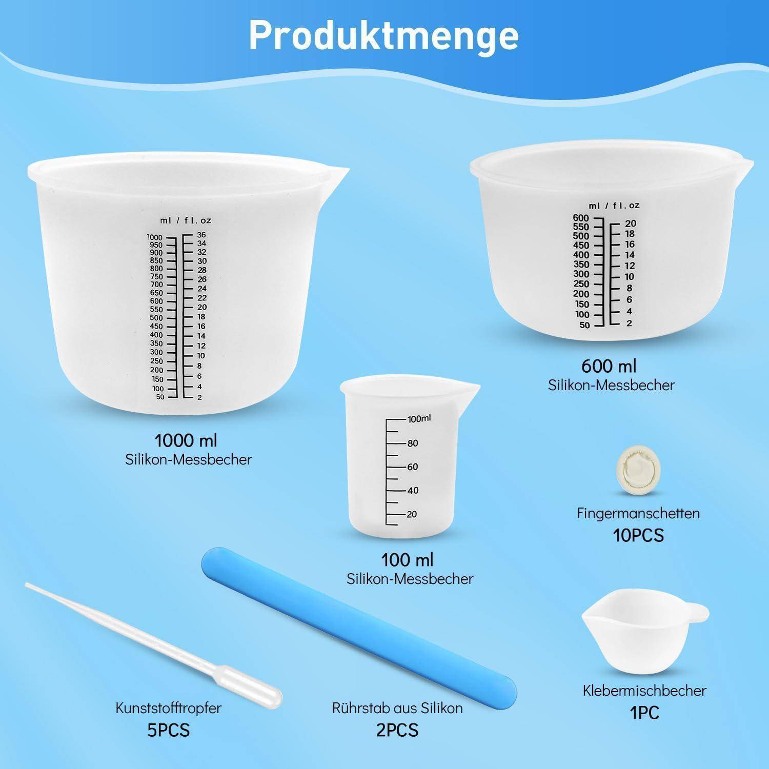 Produktbild mit Silikonmessbecher: 1000 ml, 600 ml und 100 ml, plus 5 Kunststoff-Tropfer, 2 Silikonrührstäbchen und 1 Leimbecher; enthält auch 10 Fingerlinge.