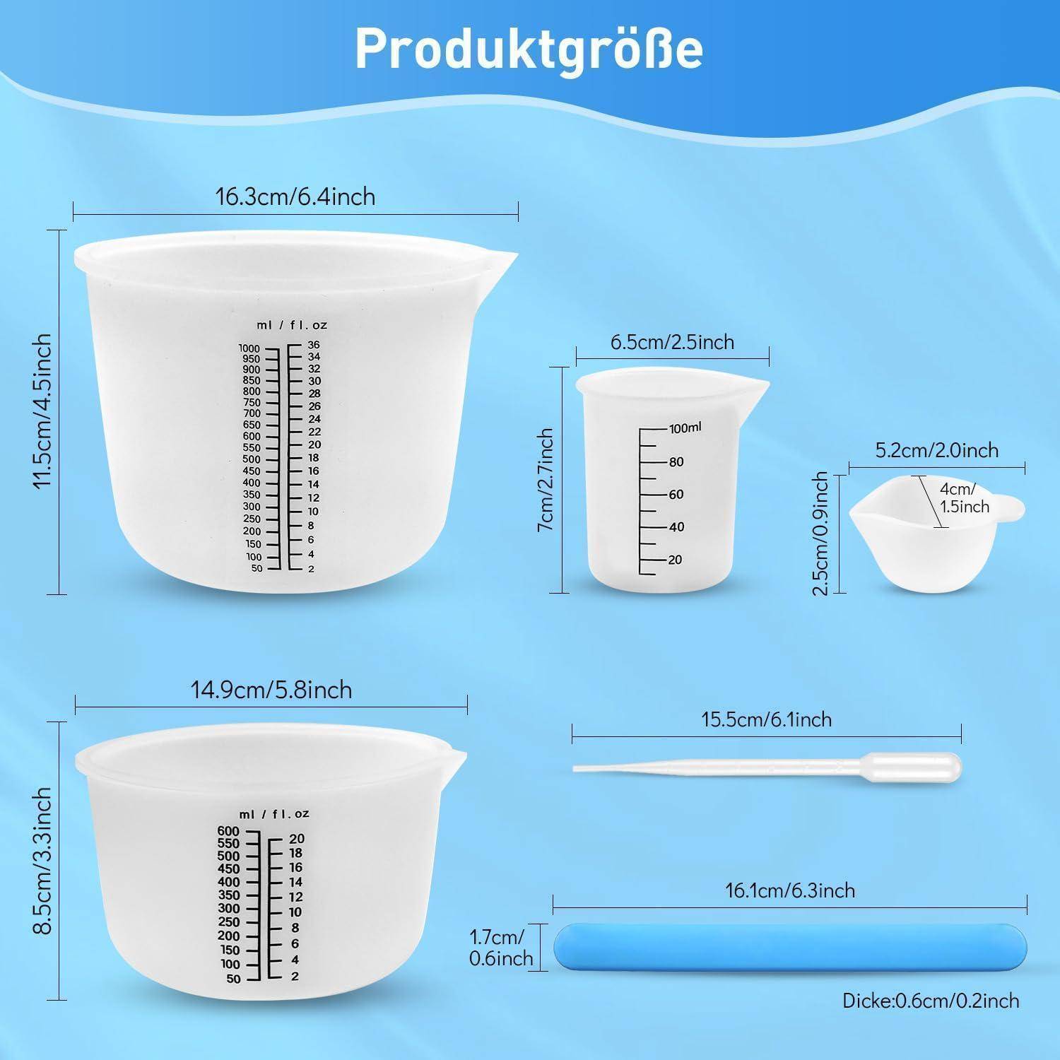Größentabelle für Kunststoff-Messbechern und Werkzeugen mit Bezeichnung „Produktgröße