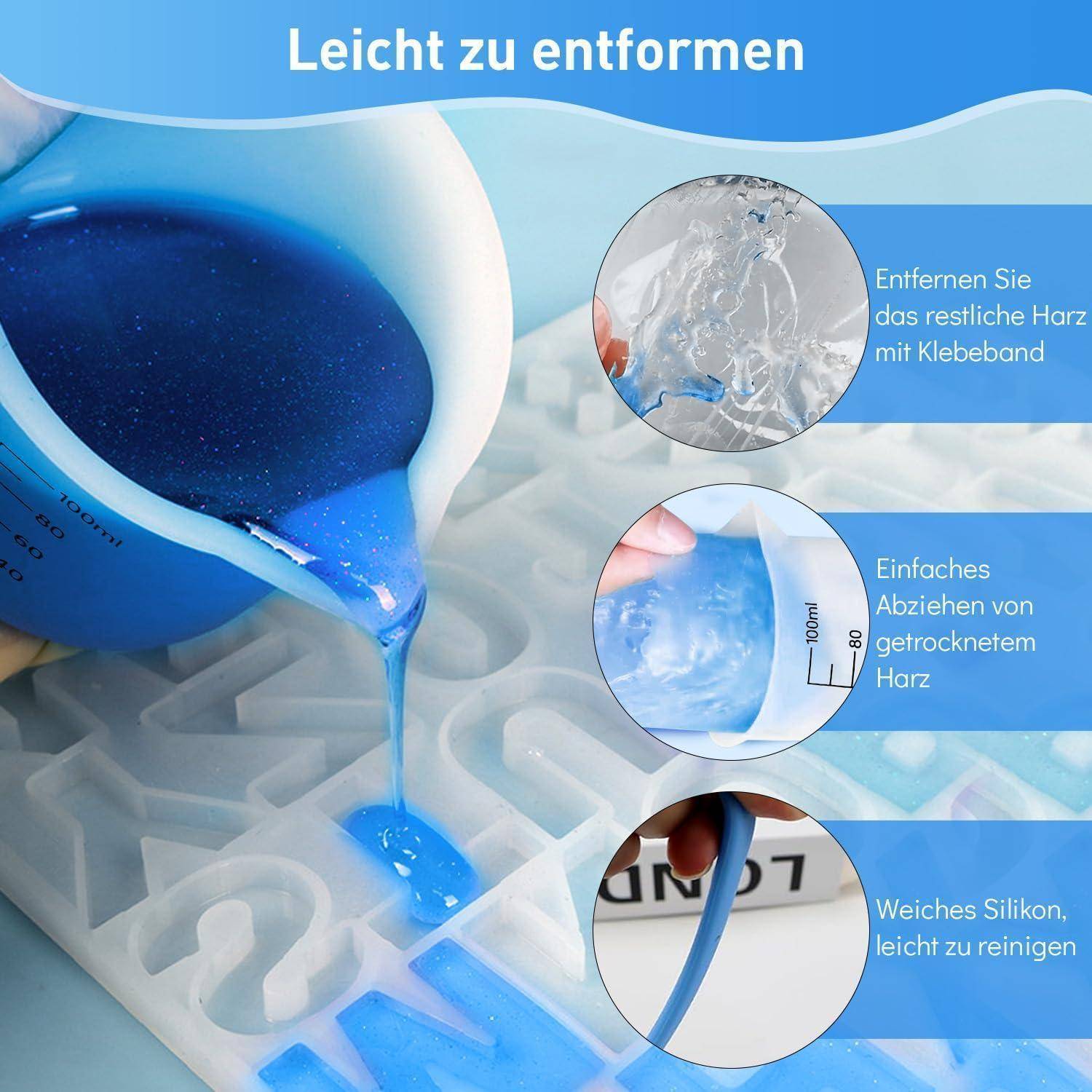 Deutsches Silikonformen-Angebot zeigt blaues Harz, das in eine Form gegossen wird; der Text hebt einfaches Entformen, Entfernen von Rückständen mit Klebeband und einfache Reinigung hervor.