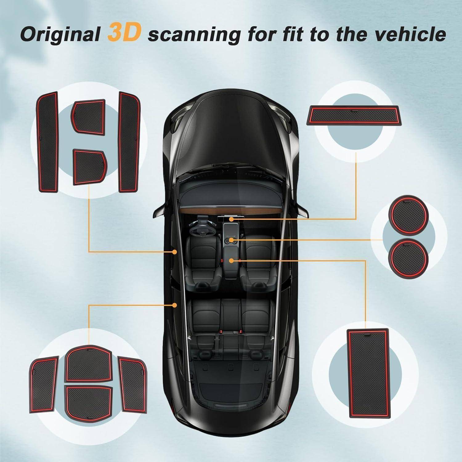 Draufsicht-Autoinnenraum mit Beschriftungen, die das ursprüngliche 3D-Scanning für die Fahrzeugpassform zeigen; beschriftete Sitz- und Panelformen umgeben das Auto.