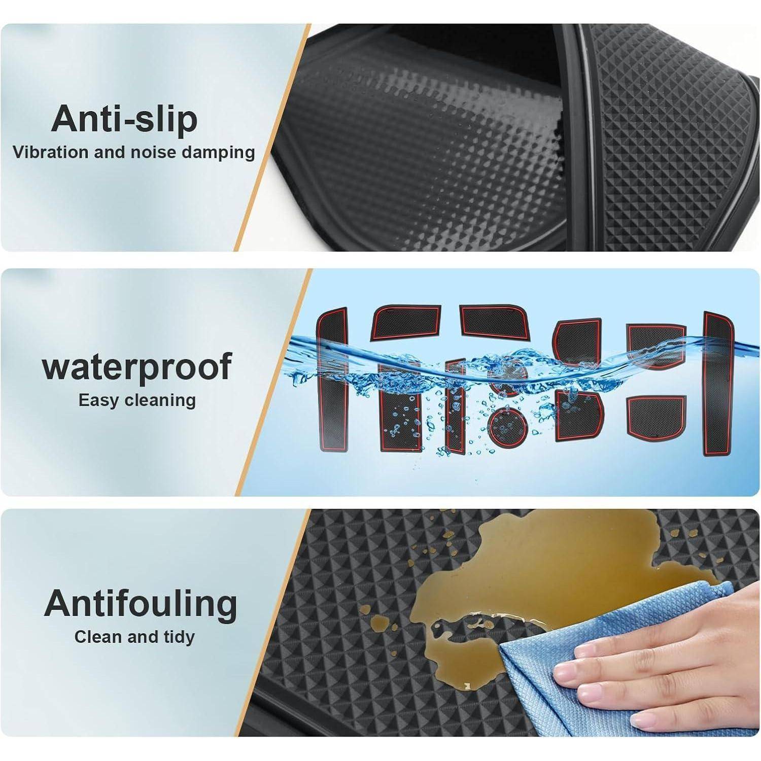 Grafik mit drei Paneelen, die rutschsichere, wasserfeste und antifouling-Eigenschaften zeigen, mit den Texten „Vibrations- und Lärmminderung