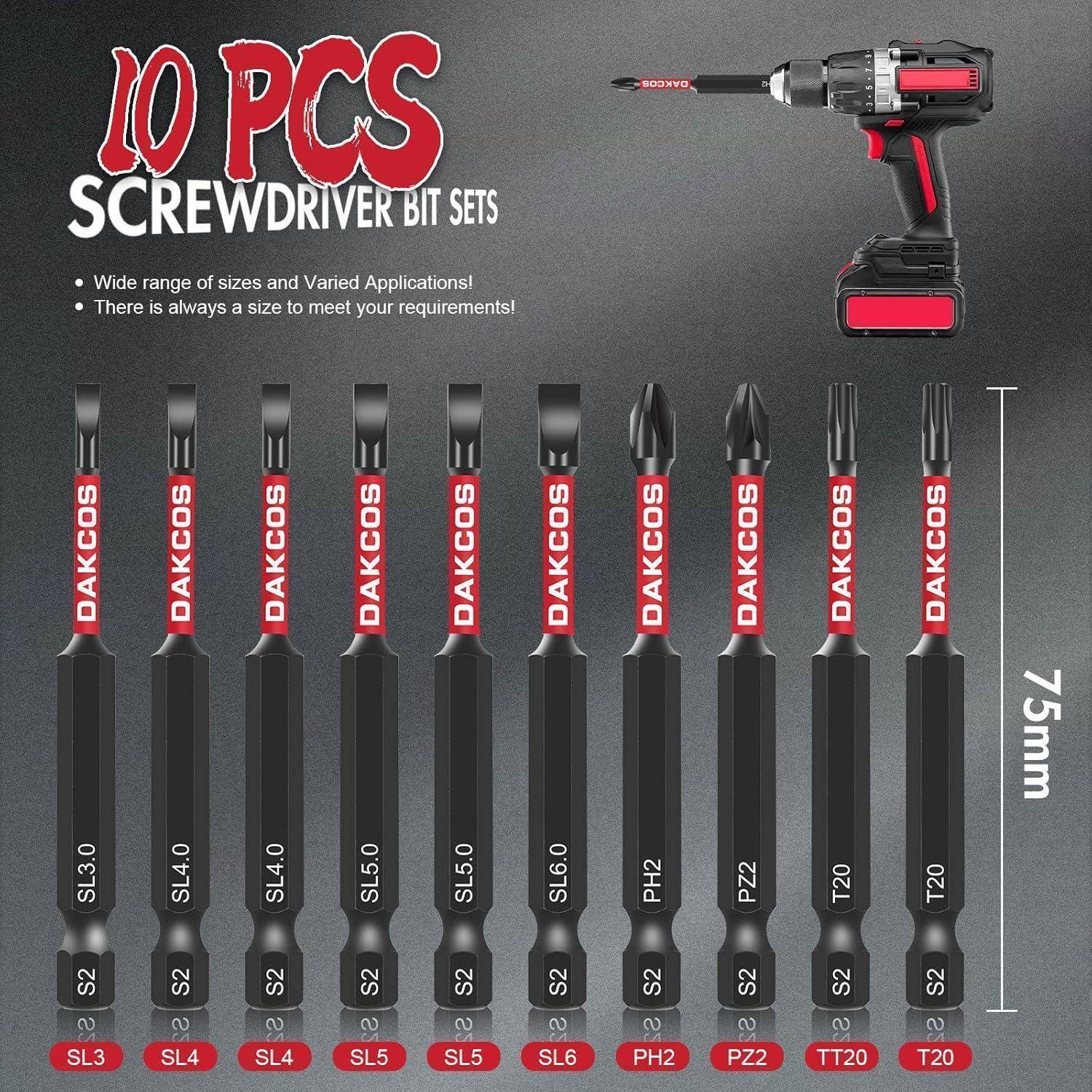 Anzeige für 10-teiliges Schraubendreher-Bitset mit sortierten Bits gekennzeichnet SL, PH, PZ und T20, plus eine Elektrobohrmaschine und 75 mm Länge dargestellt.