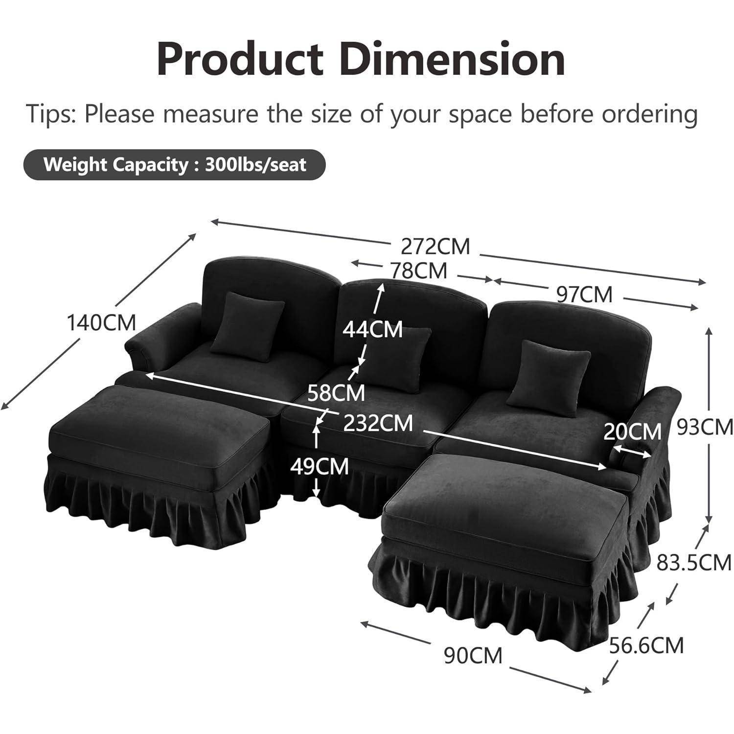 Produktdimensionsdiagramm eines schwarzen Ecksofa-Sets mit Ottomanen, das Maße zeigt: 272 cm Gesamtbreite, 93 cm Höhe, 140 cm Tiefe und 300 Pfund Tragfähigkeit pro Sitzplatz.