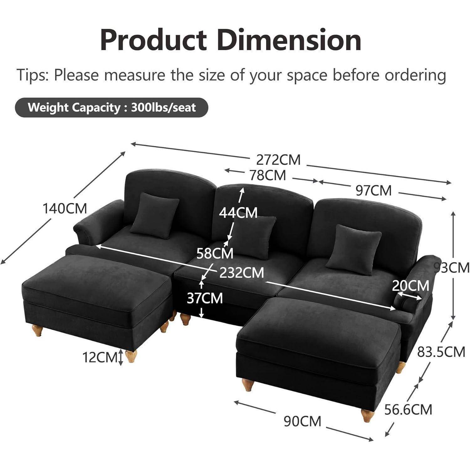 Produktdimensionsdiagramm eines schwarzen modularen Ecksofa mit Chaiselongue; zeigt 272 cm Breite, 140 cm Tiefe, 83,5 cm Höhe und 300 lbs Tragfähigkeit pro Sitzplatz.