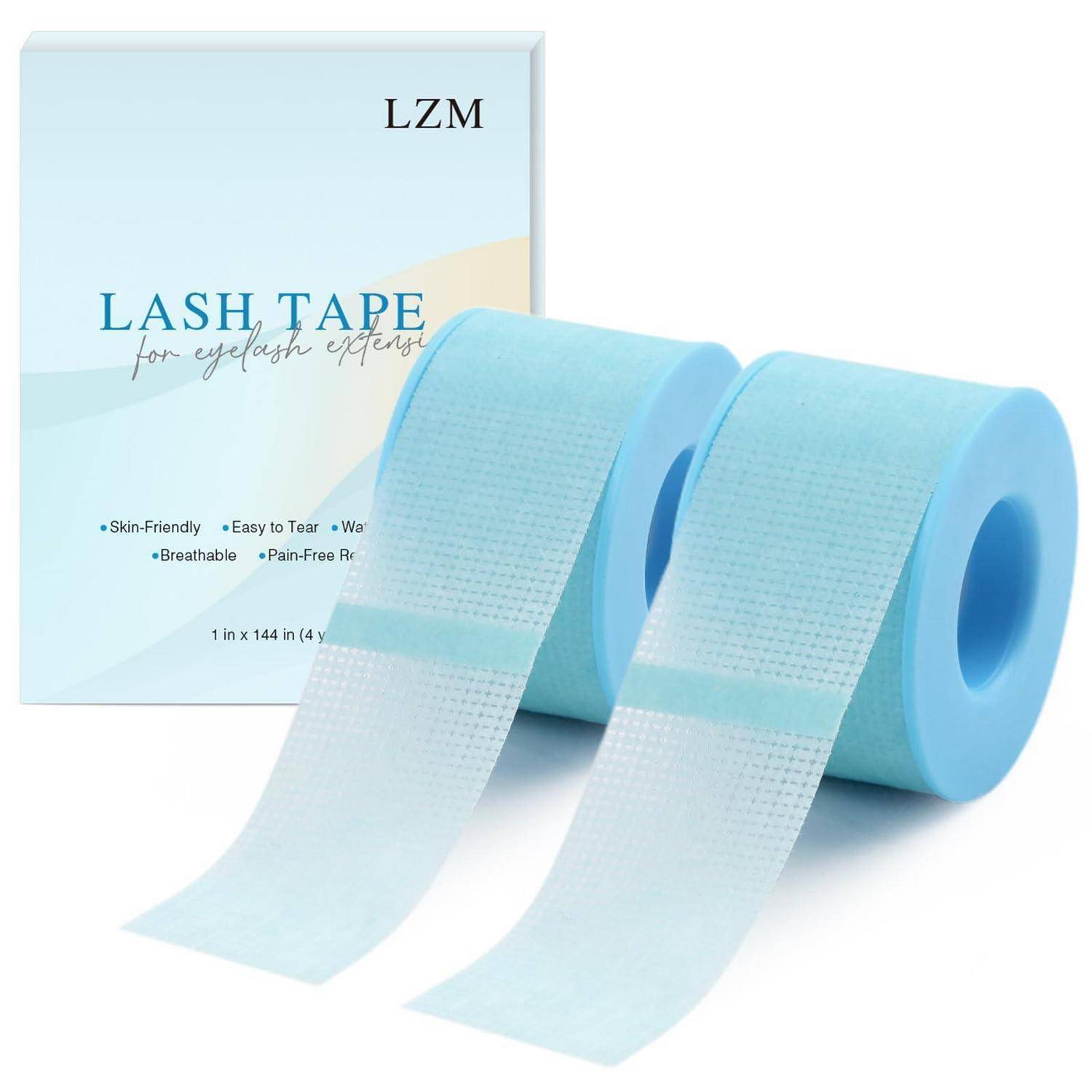 Produktbild von LZM-Wimpernband zur Wimpernverlängerung: zwei hellblaue Rollen mit abgewickeltem Band neben der Verpackungsschachtel.