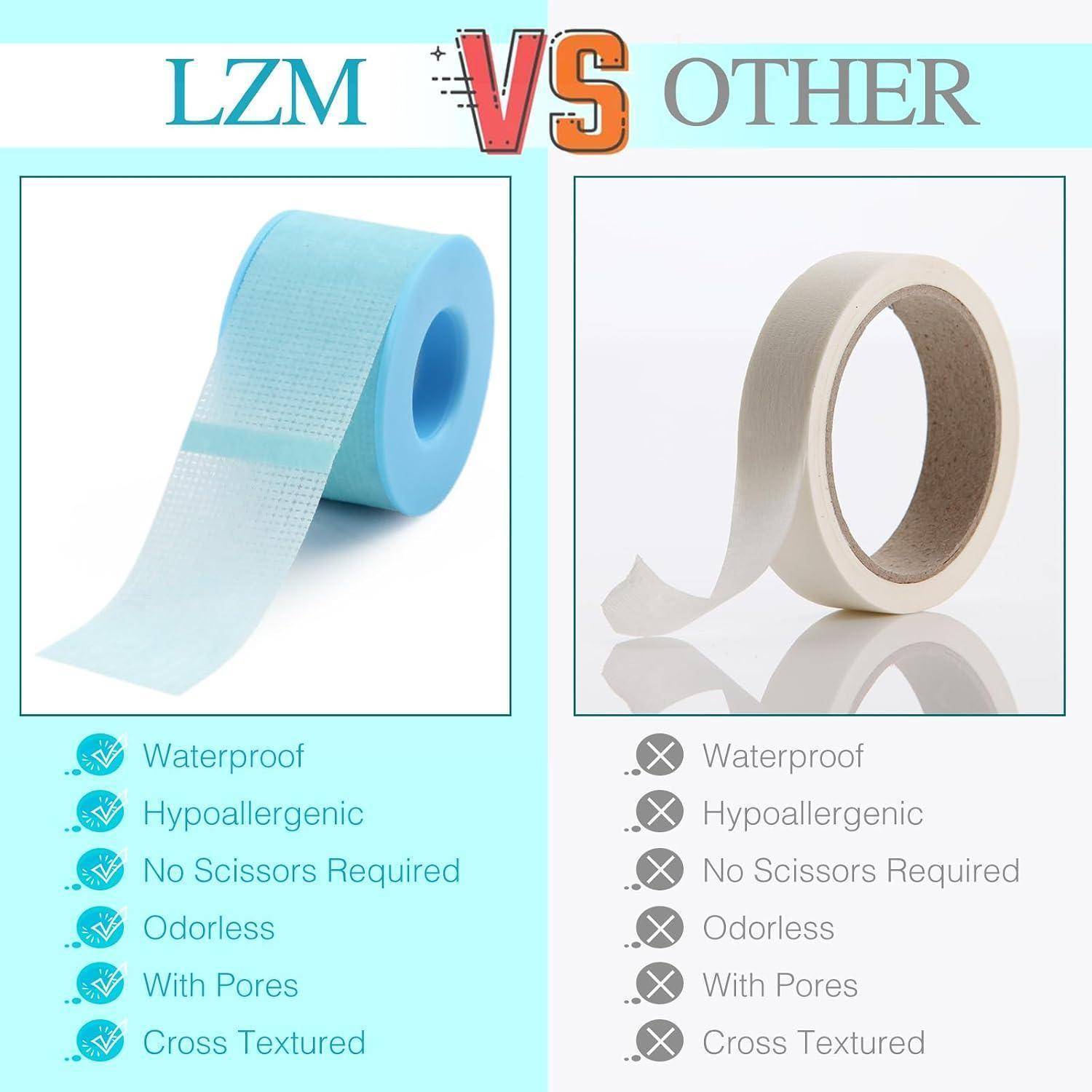 Vergleichsgrafik zeigt LZM-Klebeband versus anderes Klebeband: LZM ist blau, wasserdicht, hypoallergen, geruchlos, porös und mit Quertextur; das andere ist nicht.