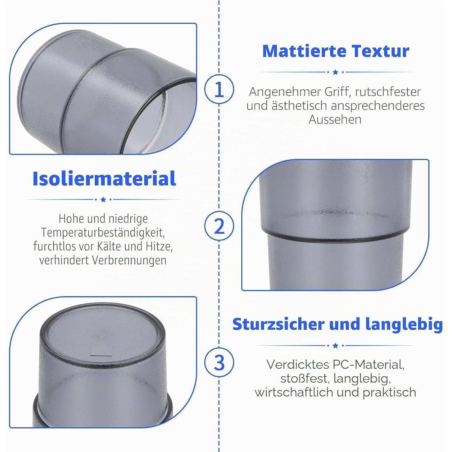 Infografik eines grauen isolierten Bechers oder einer Schutzhülle mit drei Hauptmerkmalen: rutschfester Griff mit Oberflächenstruktur, Isoliermaterial und robuste, stoßfeste PC-Konstruktion.