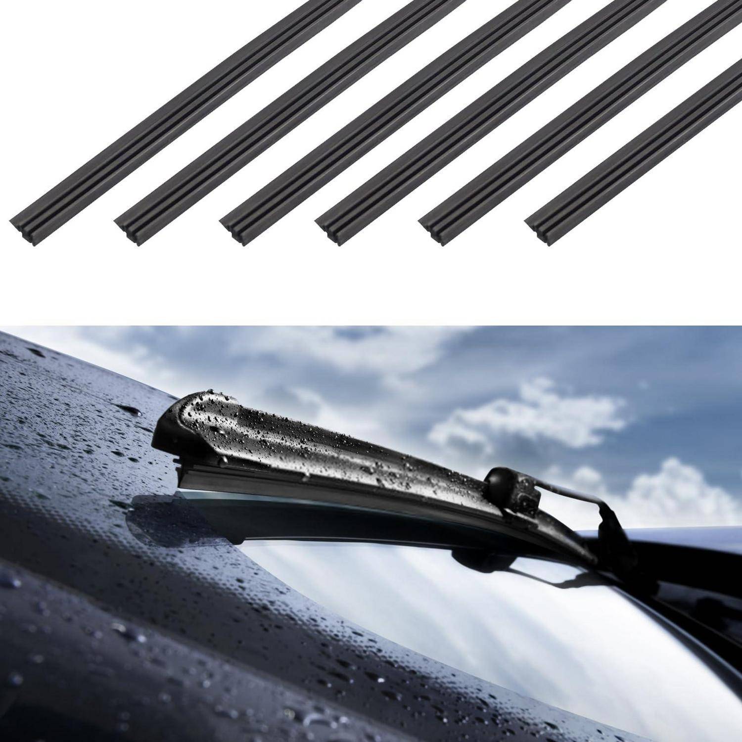 Sechs schwarze Scheibenwischergummis, die über einer Nahaufnahme eines Scheibenwischers eines Autos gezeigt werden, der Regen von einer nassen Windschutzscheibe wischt.
