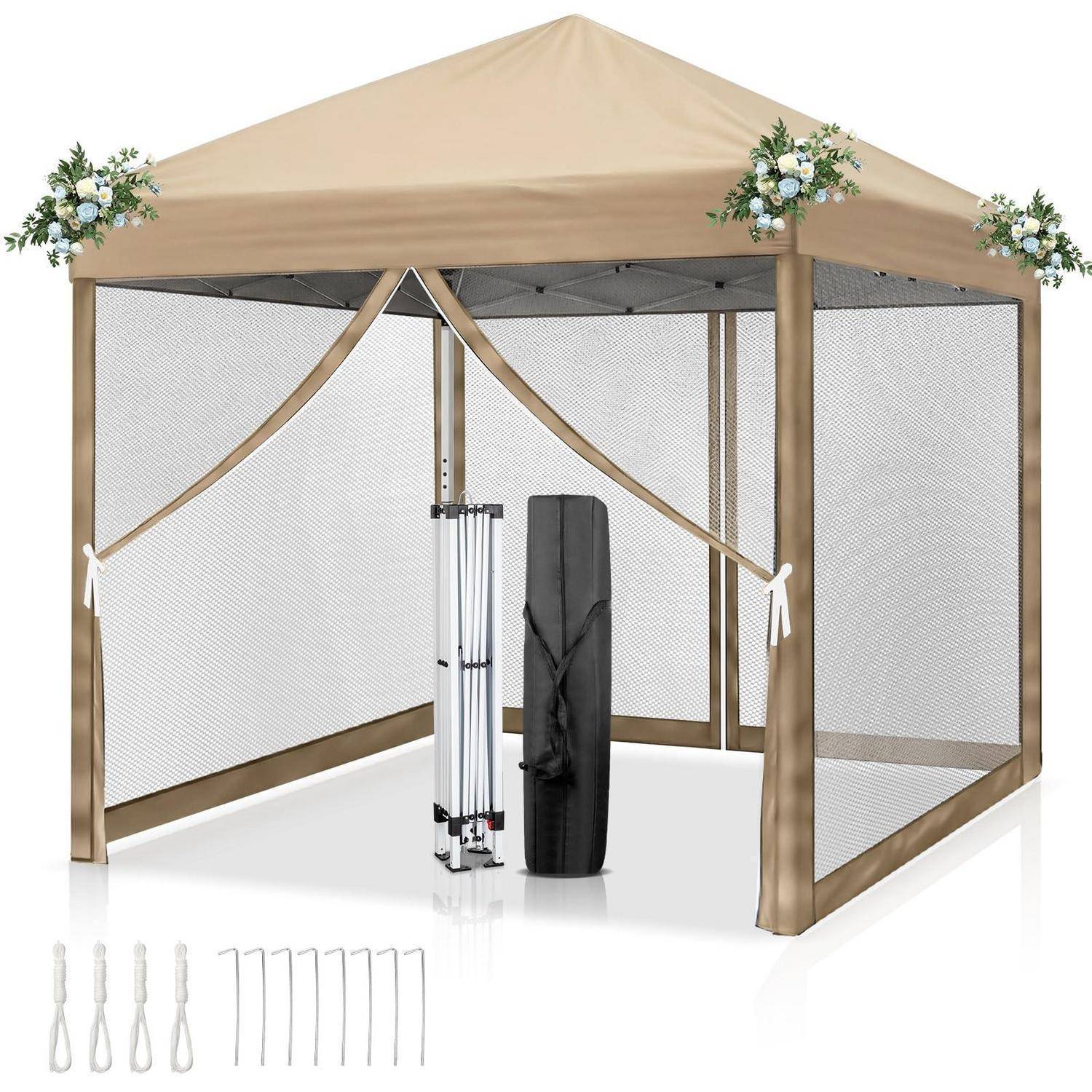 Beige Pop-up-Markisenzelt mit Maschennetzseitenwänden, Blumeneckenakzenten und einer Tragetasche mit Heringen und Stangen, die unten gezeigt sind.