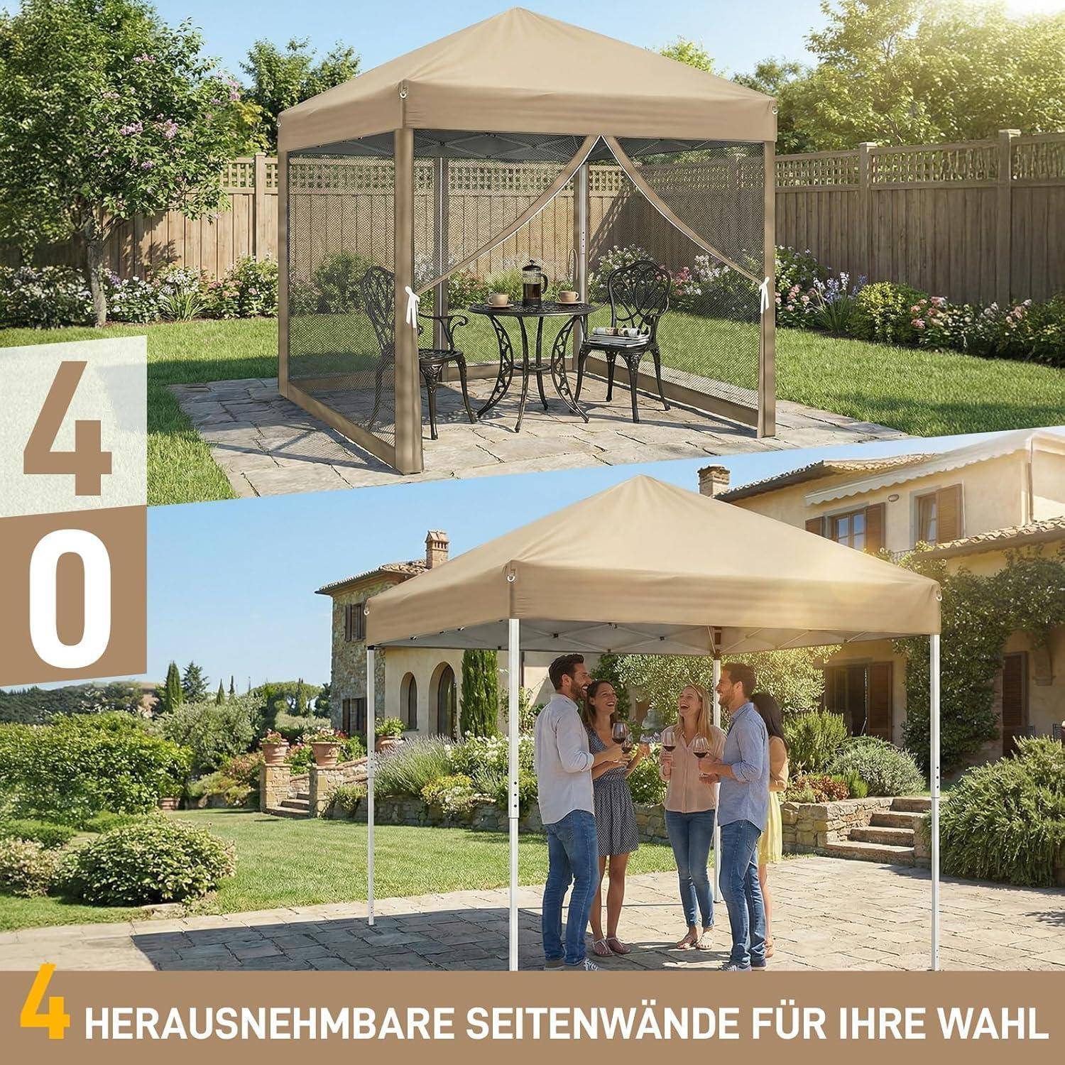 Zwei Ansichten eines beigen Pop-Up-Baldachins mit abnehmbaren Seitenwänden in einem Hinterhof und einer Einfahrt, dargestellt als vierseitiger Unterstand.