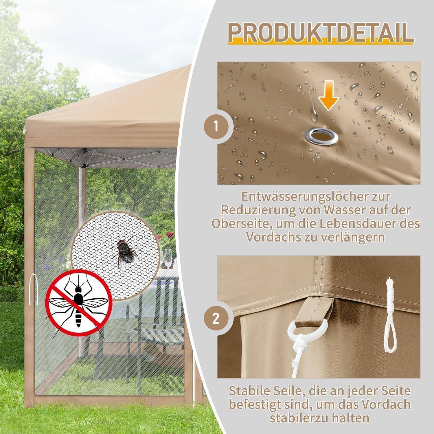 Produktdetail-Grafik für ein beiges Vordach: Ablauflöcher, stabile Seitenseile und ein Mückenwarnzeichen auf der Seitenwand mit Moskitoschutz.