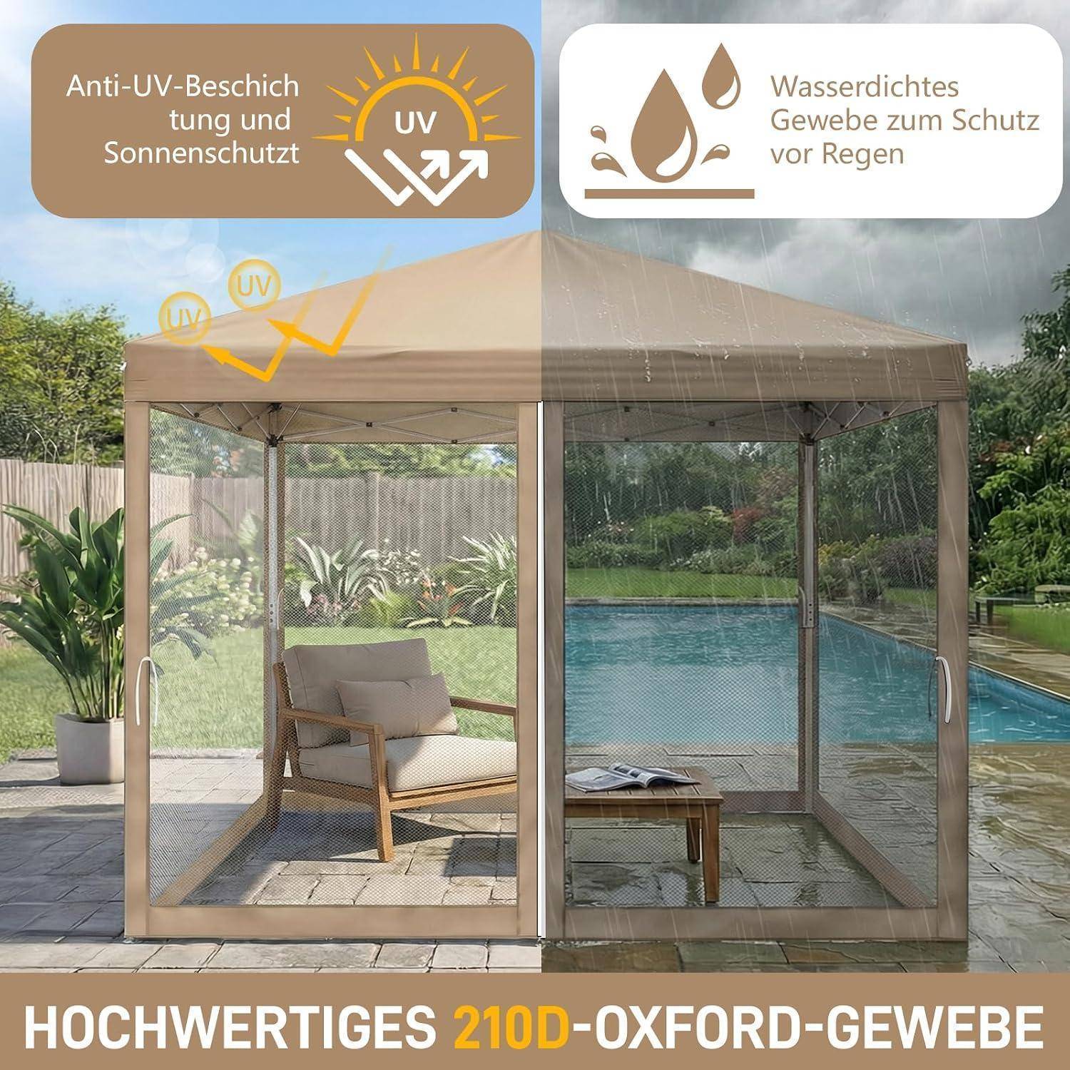 Geteilter Bildschirm Outdoor-Gartenzelt mit Mesh-Seitenwänden, gekennzeichnet mit UV-Sonnenschutz und wasserdichtem Stoff, gezeigt unter sonnigen und regnerischen Bedingungen.