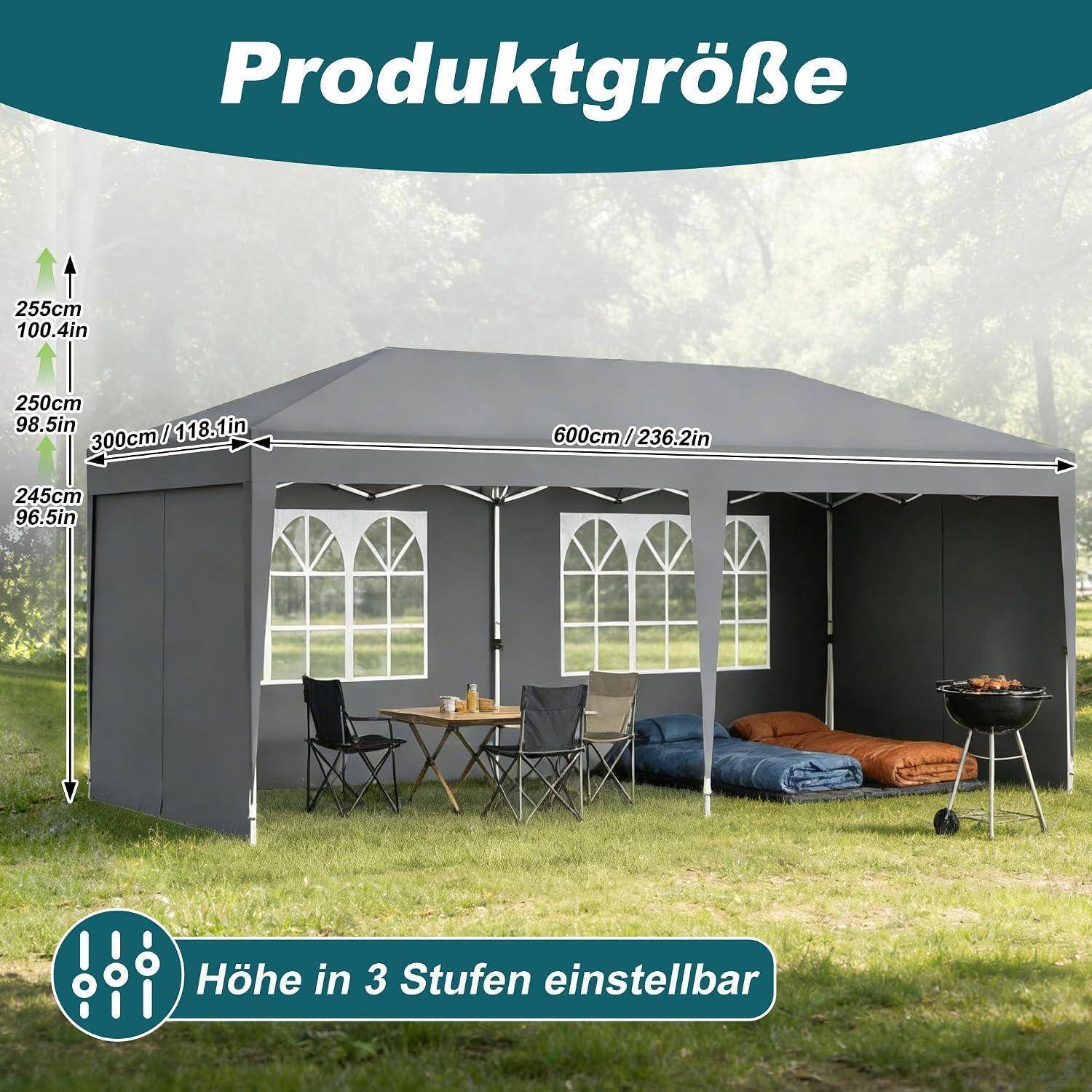 Produktgrößendiagramm eines grauen Pavillon-Zelts mit einstellbarer Höhe von 245 bis 255 cm und einer Grundfläche von 600 x 300 cm; der Text lautet „Höhe in 3 Stufen einstellbar".