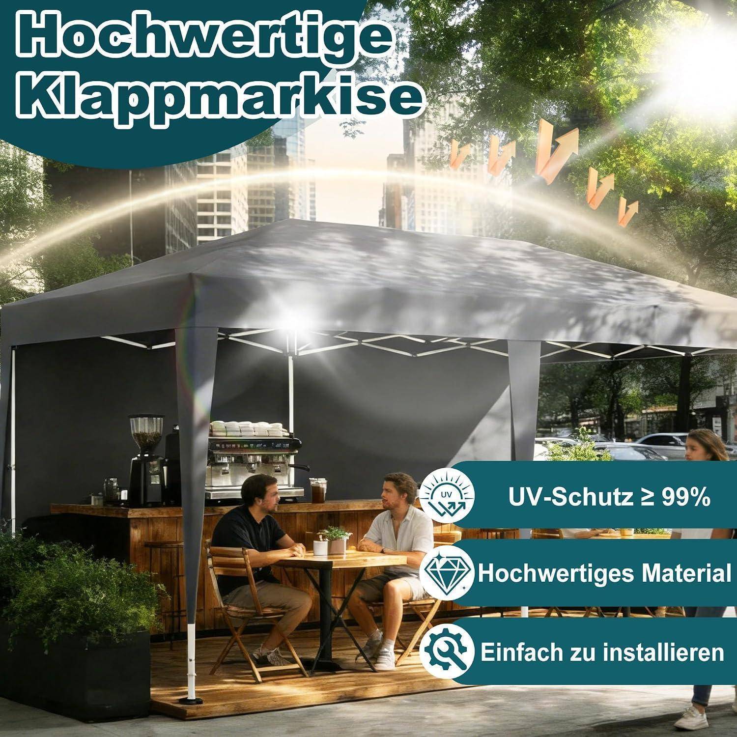 Anzeige für eine 'Hochwertige Klappmarkise' mit einer großen grauen Klappmarkise, die einen Außensitzbereich beschattet, mit Angaben zu 'UV-Schutz ≥ 99%', 'Hochwertiges Material' und 'Einfach zu installieren'.