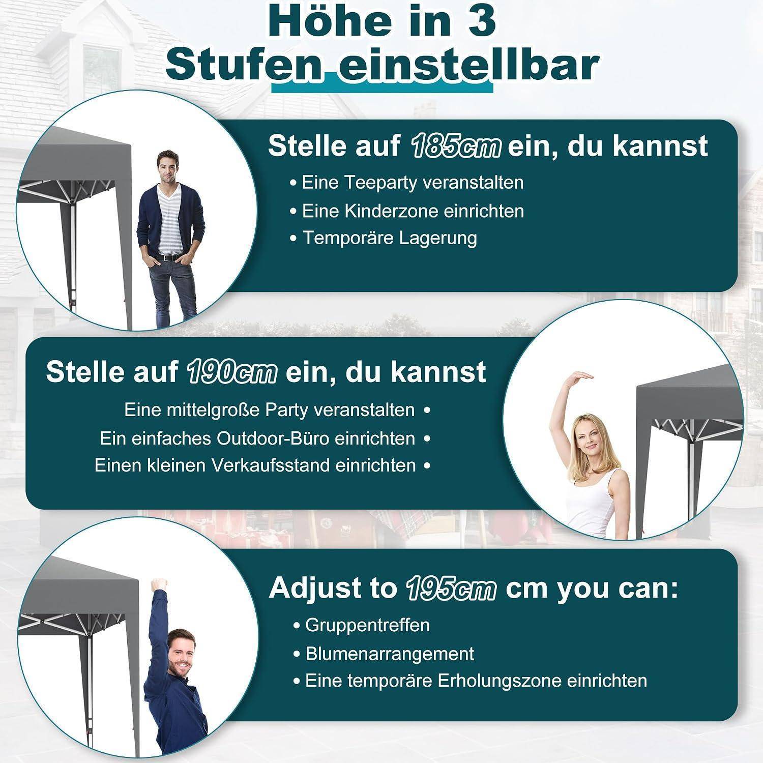 Werbe-Grafik mit einem Pavillon-Zelt, das auf 3 Höhen einstellbar ist: 185 cm, 190 cm und 195 cm, mit Beispielanwendungen wie Partys, Kinderzone, Außenbüro, Verkaufsstand und Entspannungsbereich.