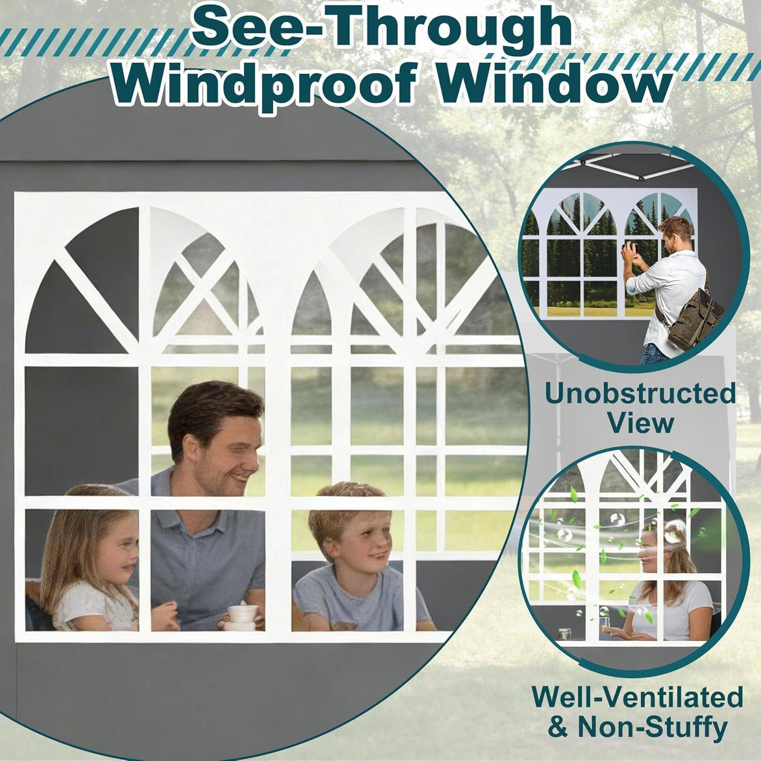 Anzeige für ein „Durchsichtiges winddichtes Fenster" mit einer Familie im Innenraum und Detailbildern, die ungehinderte Sicht und gut belüftetes, nicht stickiges Design hervorheben.